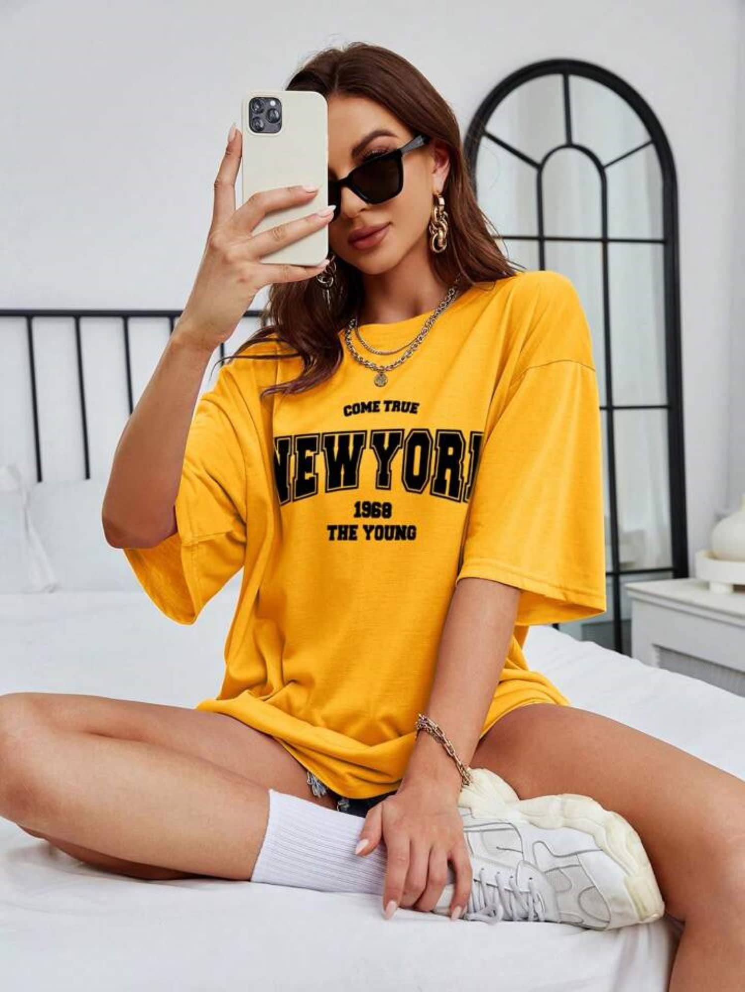 TWOCRAZIIE Women Cotton Printed Oversized Fit Round Neck T-Shirt ( Yellow )