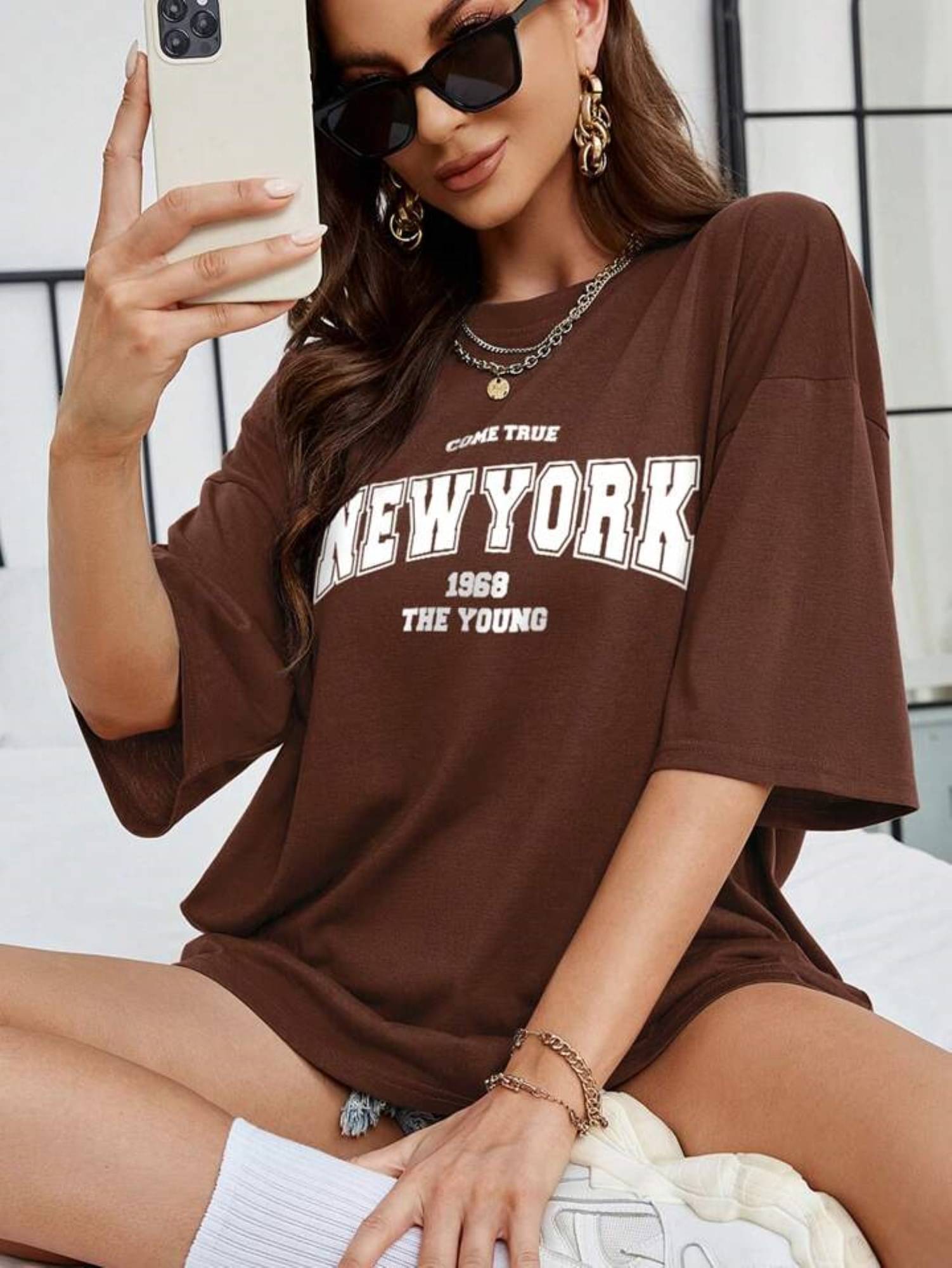 TWOCRAZIIE Women Cotton Printed Oversized Fit Round Neck T-Shirt ( Brown )     			TWOCRAZIIE Women Cotton Printed Oversized Fit Round Neck T-Shirt ( Brown )
