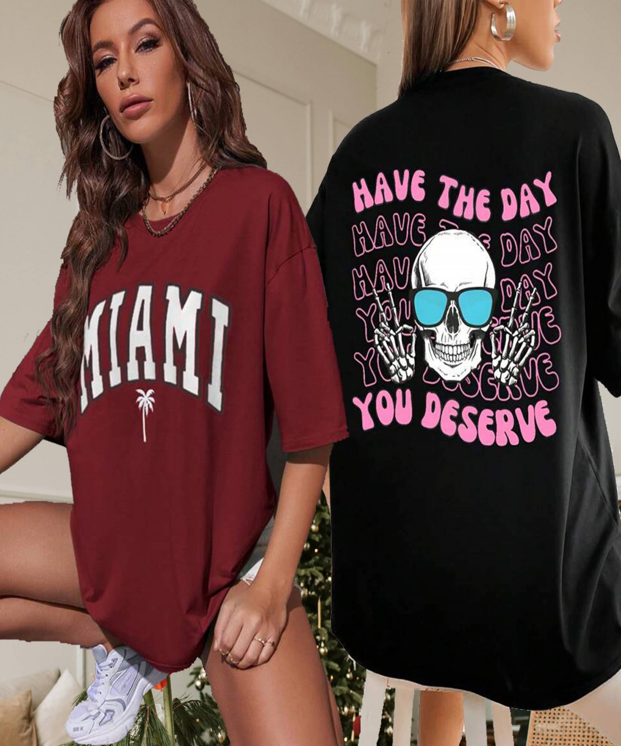     			TWOCRAZIIE Women Cotton Blend Printed Oversized Fit Round Neck T-Shirt ( Multicolor )
