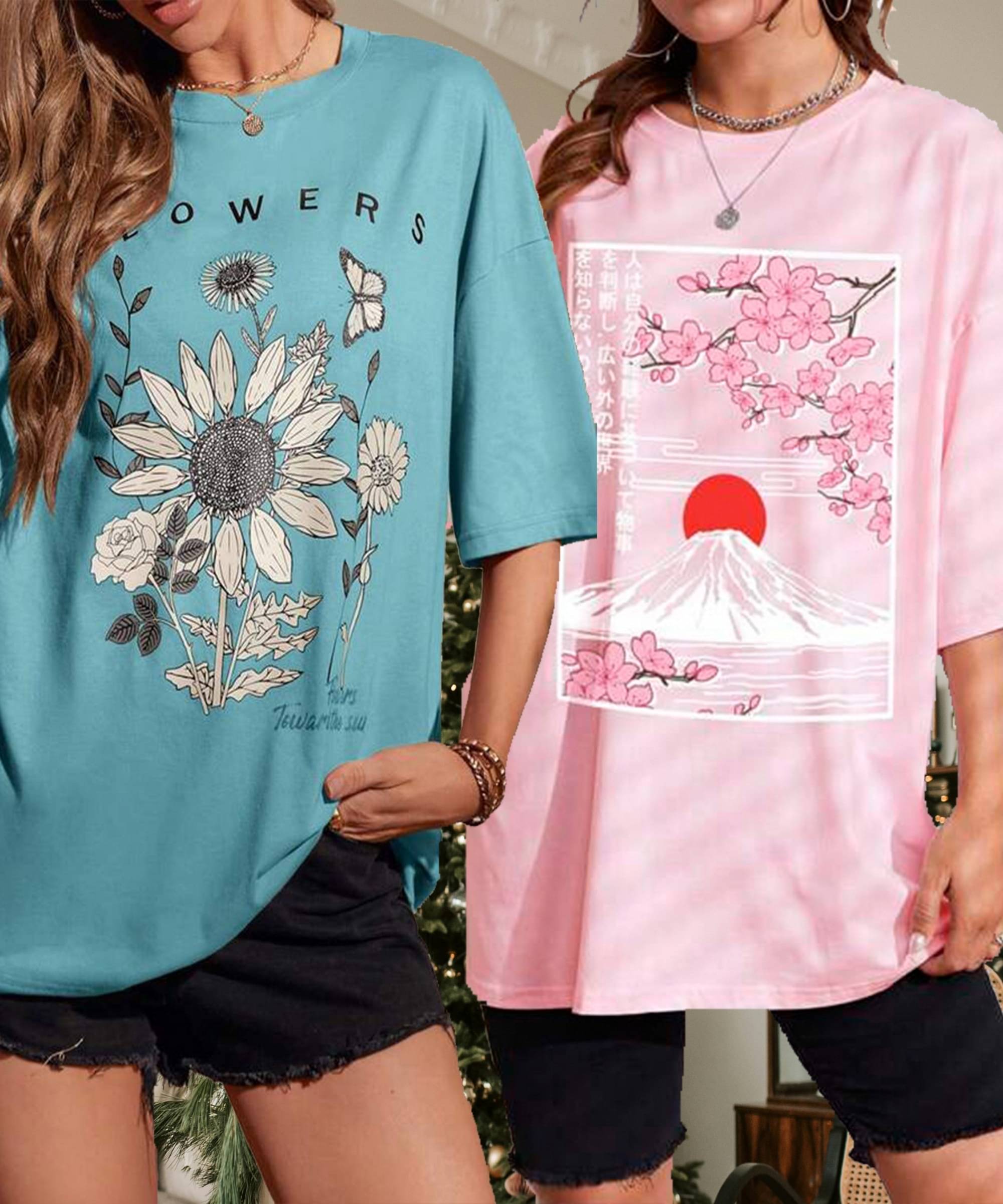 TWOCRAZIIE Women Cotton Printed Oversized Fit Round Neck T-Shirt ( Multicolor )     			TWOCRAZIIE Women Cotton Printed Oversized Fit Round Neck T-Shirt ( Multicolor )