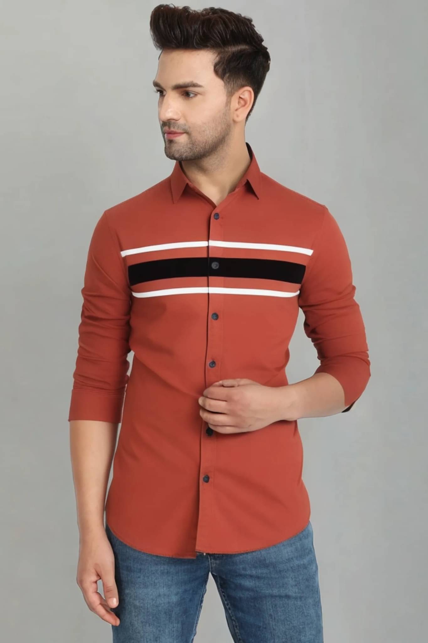 VERTUSY Cotton Blend Regular Fit Striped Full Sleeves Men's Casual Shirt - Red ( Pack of 1 ) VERTUSY Cotton Blend Regular Fit Striped Full Sleeves Men's Casual Shirt - Red ( Pack of 1 )