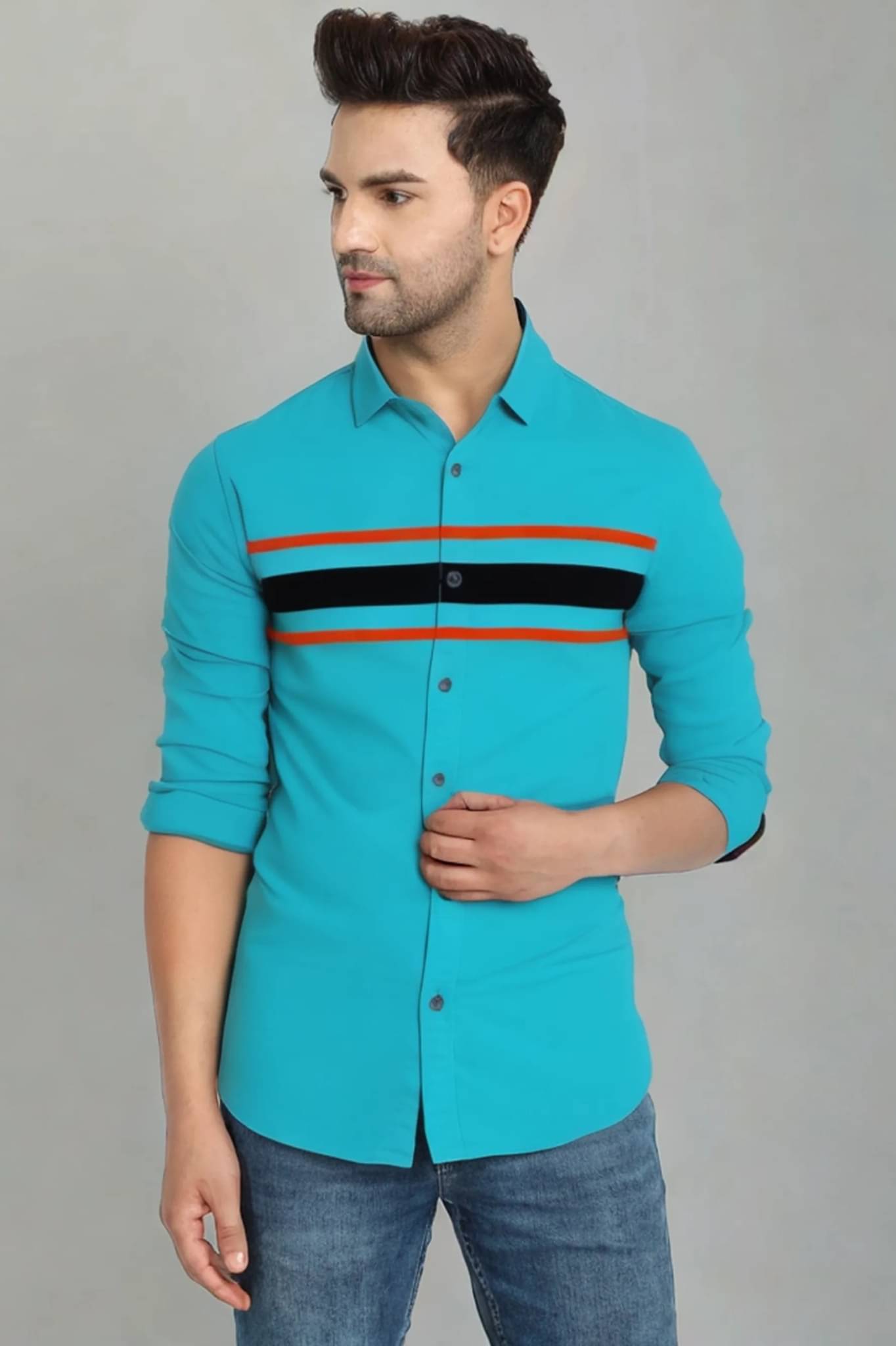 VERTUSY Cotton Blend Regular Fit Striped Full Sleeves Men's Casual Shirt - Turquoise ( Pack of 1 )     			VERTUSY Cotton Blend Regular Fit Striped Full Sleeves Men's Casual Shirt - Turquoise ( Pack of 1 )