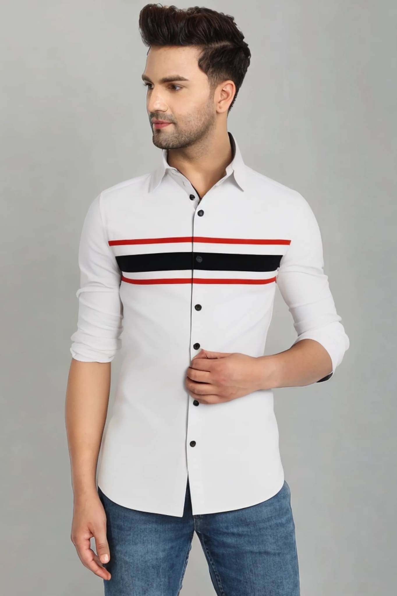 VERTUSY Cotton Blend Regular Fit Striped Full Sleeves Men's Casual Shirt - White ( Pack of 1 ) VERTUSY Cotton Blend Regular Fit Striped Full Sleeves Men's Casual Shirt - White ( Pack of 1 )