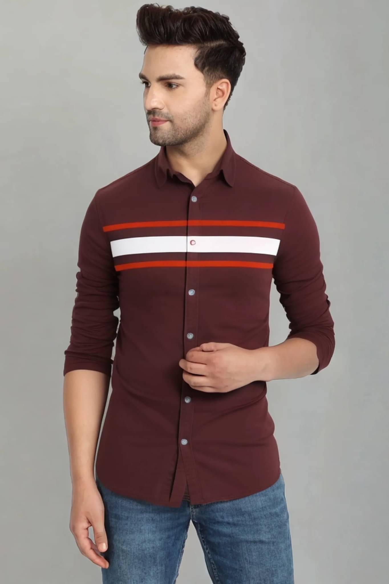 VERTUSY Cotton Blend Regular Fit Striped Full Sleeves Men's Casual Shirt - Maroon ( Pack of 1 ) VERTUSY Cotton Blend Regular Fit Striped Full Sleeves Men's Casual Shirt - Maroon ( Pack of 1 )