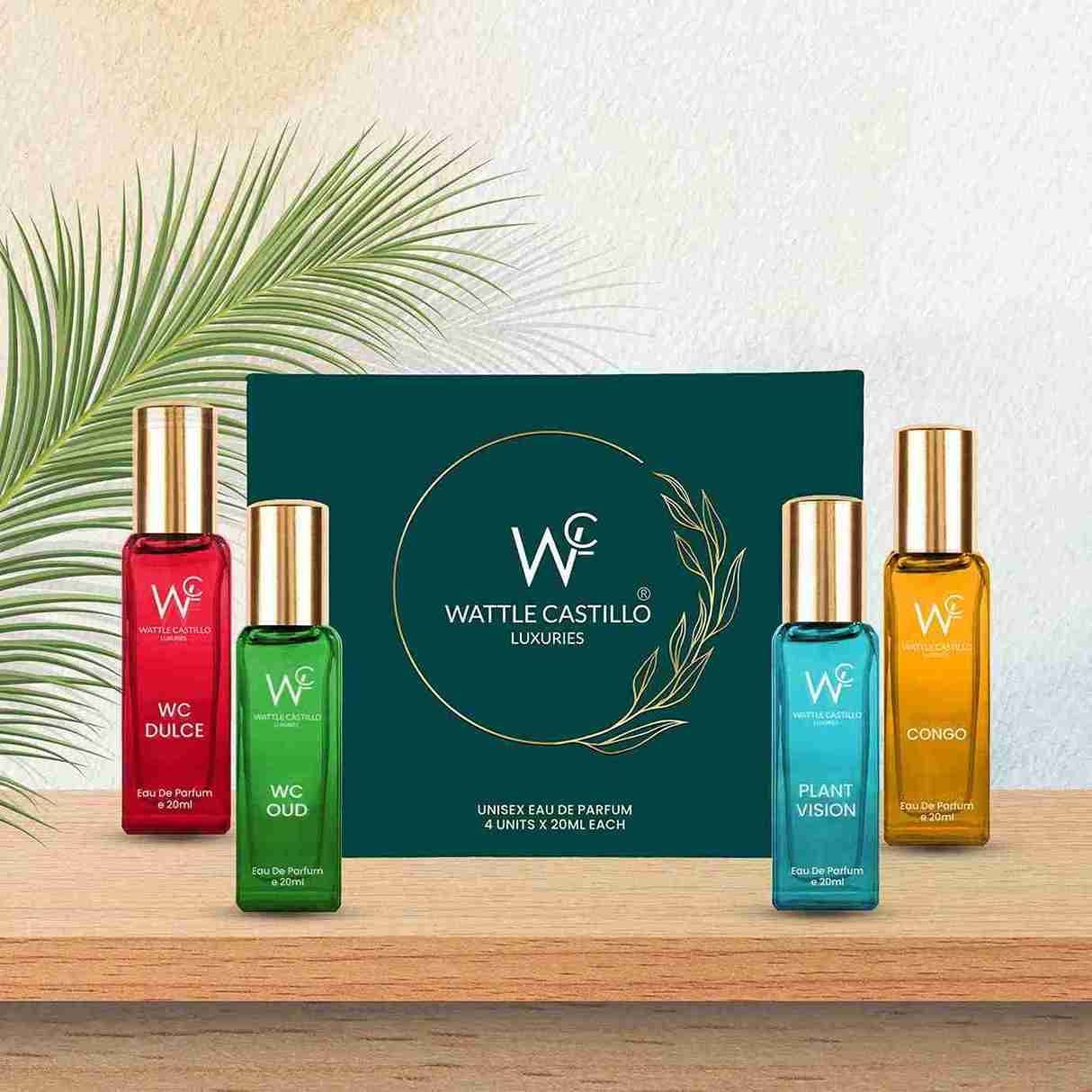 Wattle Castillo Luxuries Unisex Eau De Parfum Gift Set 4x20ml For Unisex With WC Dulce, WC Oud, Plant Vision, Congo Liquid Perfume, Long Lasting EDP Fragrance Scent Wattle Castillo Luxuries Unisex Eau De Parfum Gift Set 4x20ml For Unisex With WC Dulce, WC Oud, Plant Vision, Congo Liquid Perfume, Long Lasting EDP Fragrance Scent
