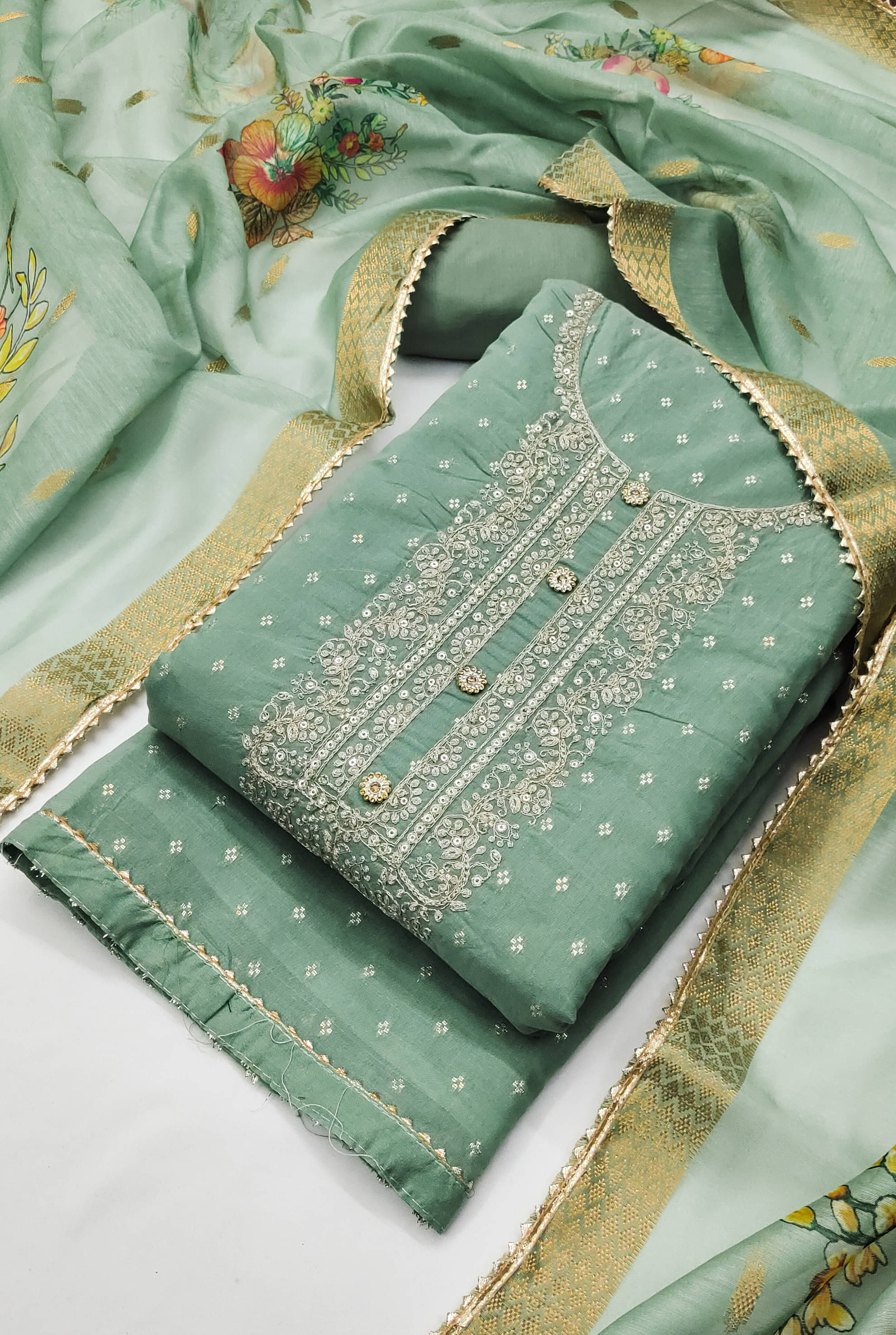 tavas Unstitched Chanderi Embellished Dress Material - Sea Green ( Pack of 1 ) tavas Unstitched Chanderi Embellished Dress Material - Sea Green ( Pack of 1 )