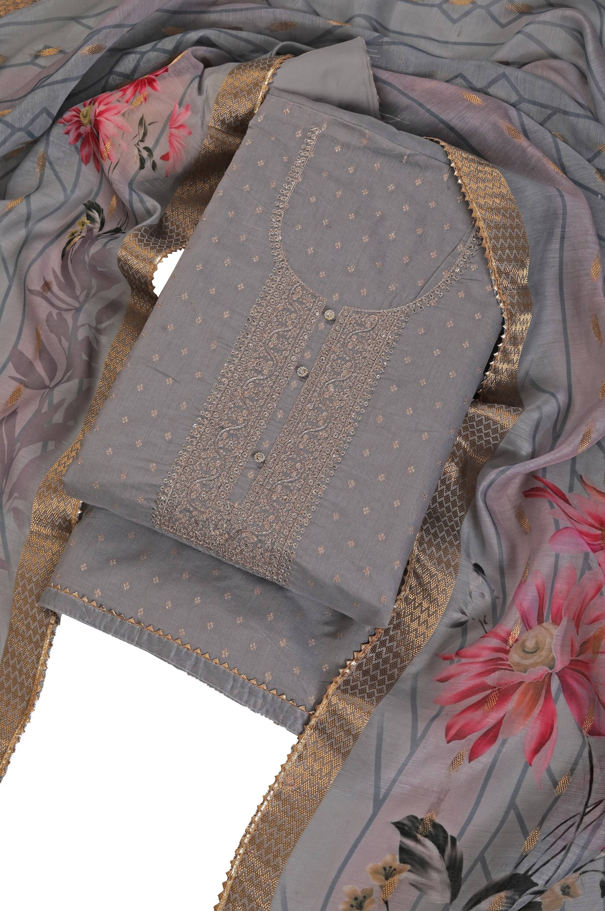 tavas Unstitched Chanderi Embellished Dress Material - Grey ( Pack of 1 ) tavas Unstitched Chanderi Embellished Dress Material - Grey ( Pack of 1 )