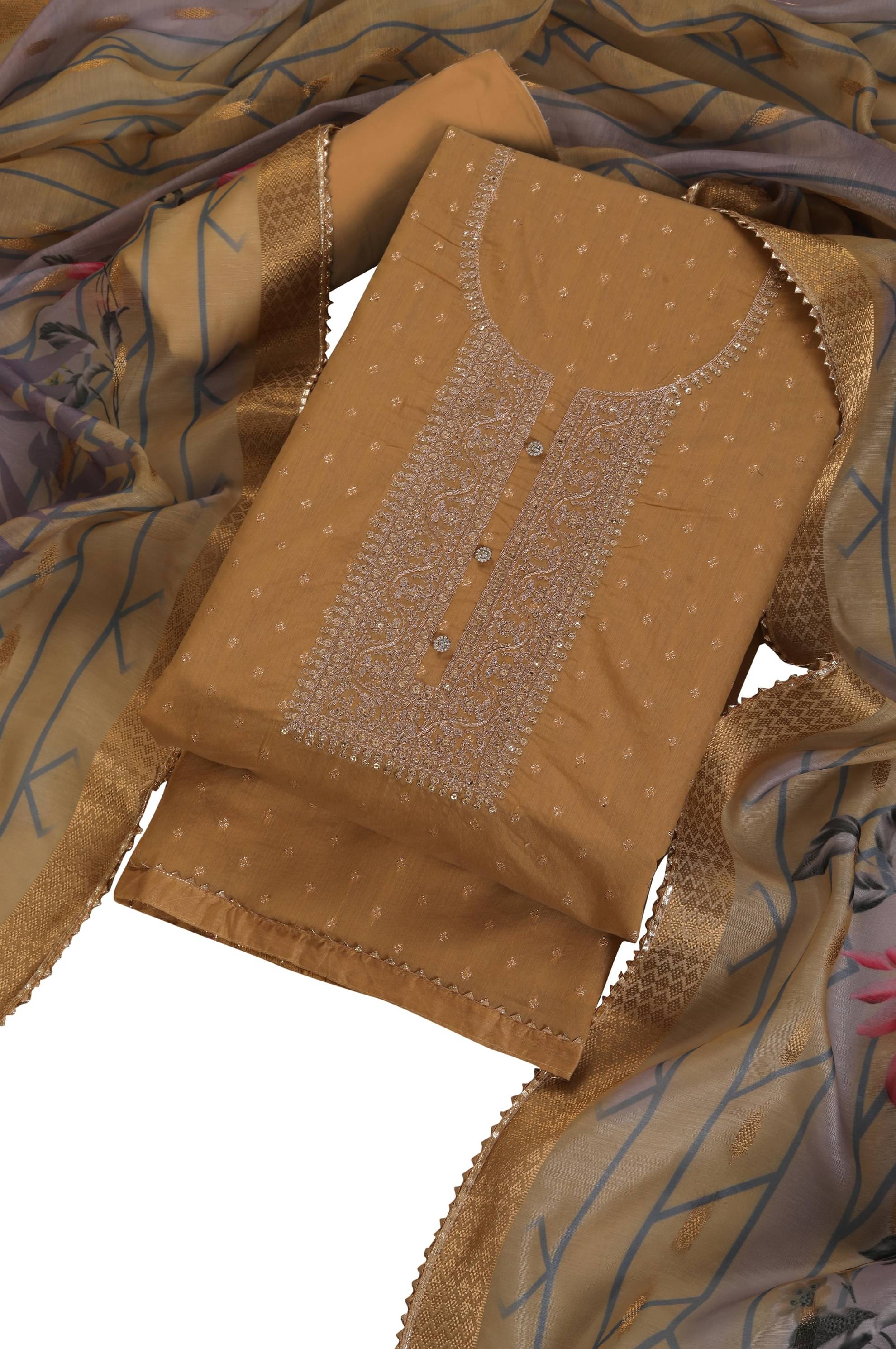     			tavas Unstitched Chanderi Embellished Dress Material - Beige ( Pack of 1 )