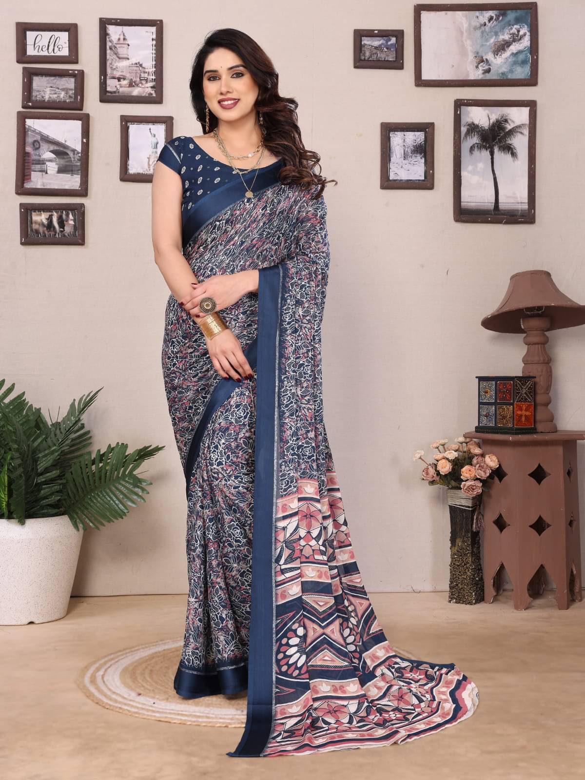 BLEESBURY Chiffon Printed Saree With Unstitched Blouse Piece ( Teal ) BLEESBURY Chiffon Printed Saree With Unstitched Blouse Piece ( Teal )