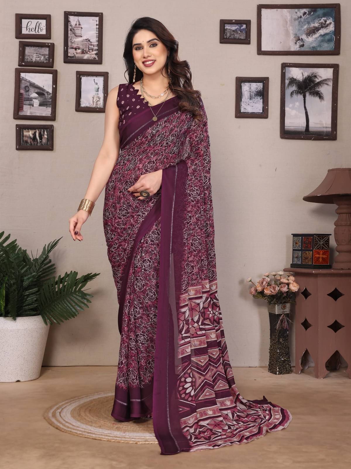 BLEESBURY Chiffon Printed Saree With Unstitched Blouse Piece ( Wine ) BLEESBURY Chiffon Printed Saree With Unstitched Blouse Piece ( Wine )