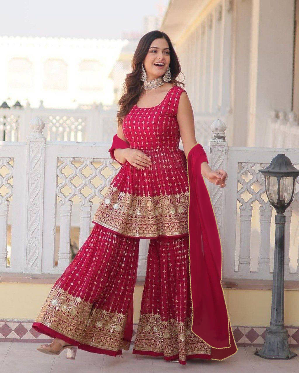     			Eeloo Georgette Embellished Kurti With Sharara And Gharara Women's Stitched Salwar Suit - Pink ( Pack of 1 )