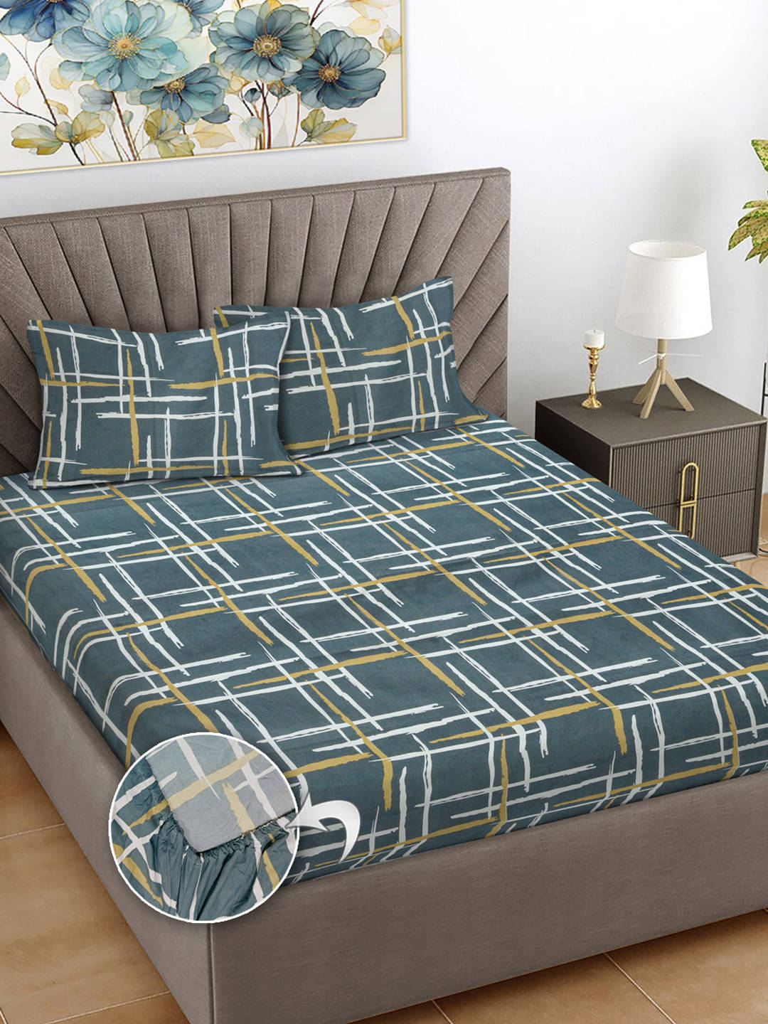     			FABINALIV Poly Cotton Abstract Fitted ( King Size ) - Gray