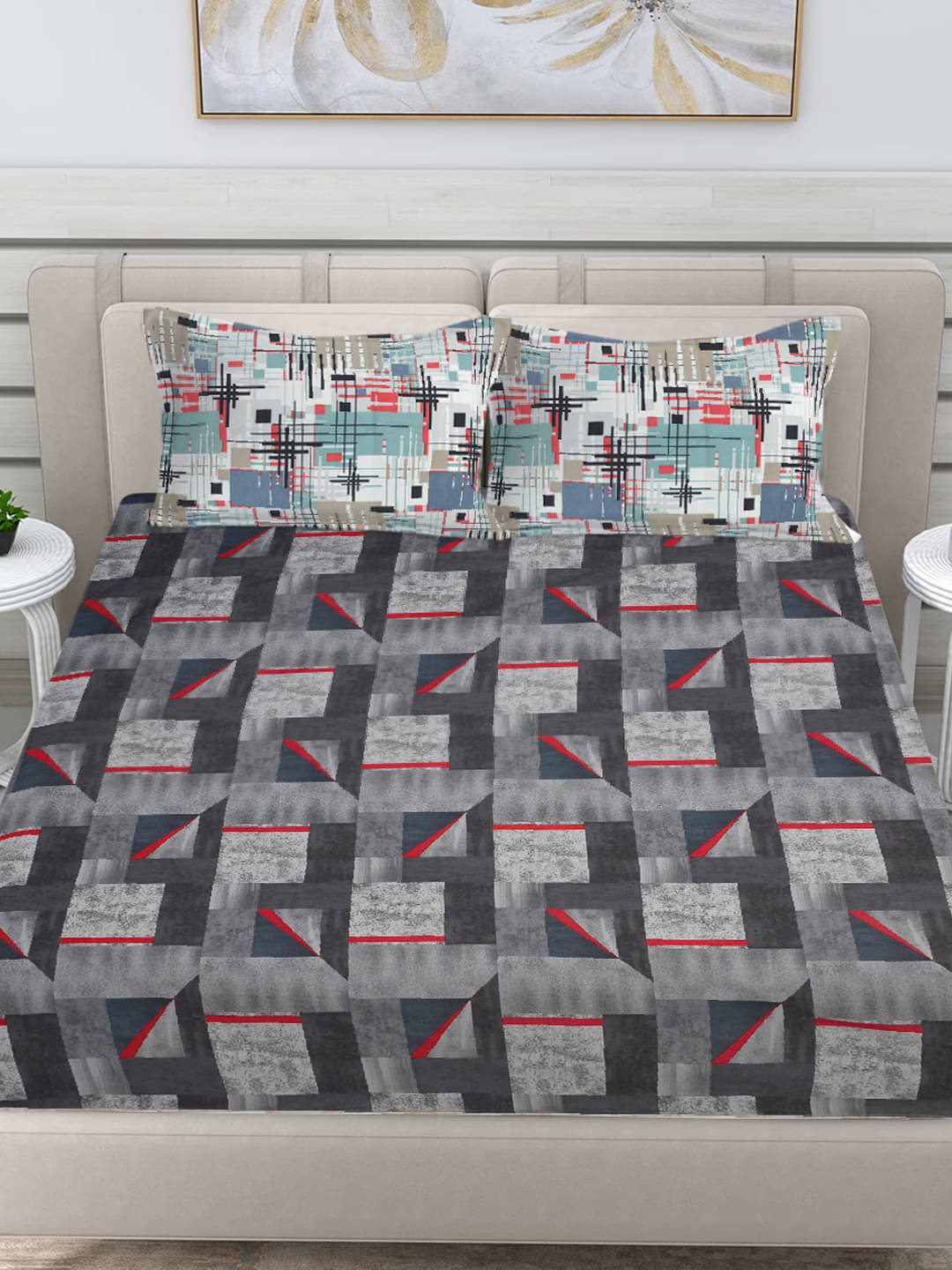 FABINALIV Poly Cotton Abstract Fitted Fitted bedsheet with 2 Pillow Covers ( King Size ) - Dark Grey FABINALIV Poly Cotton Abstract Fitted Fitted bedsheet with 2 Pillow Covers ( King Size ) - Dark Grey