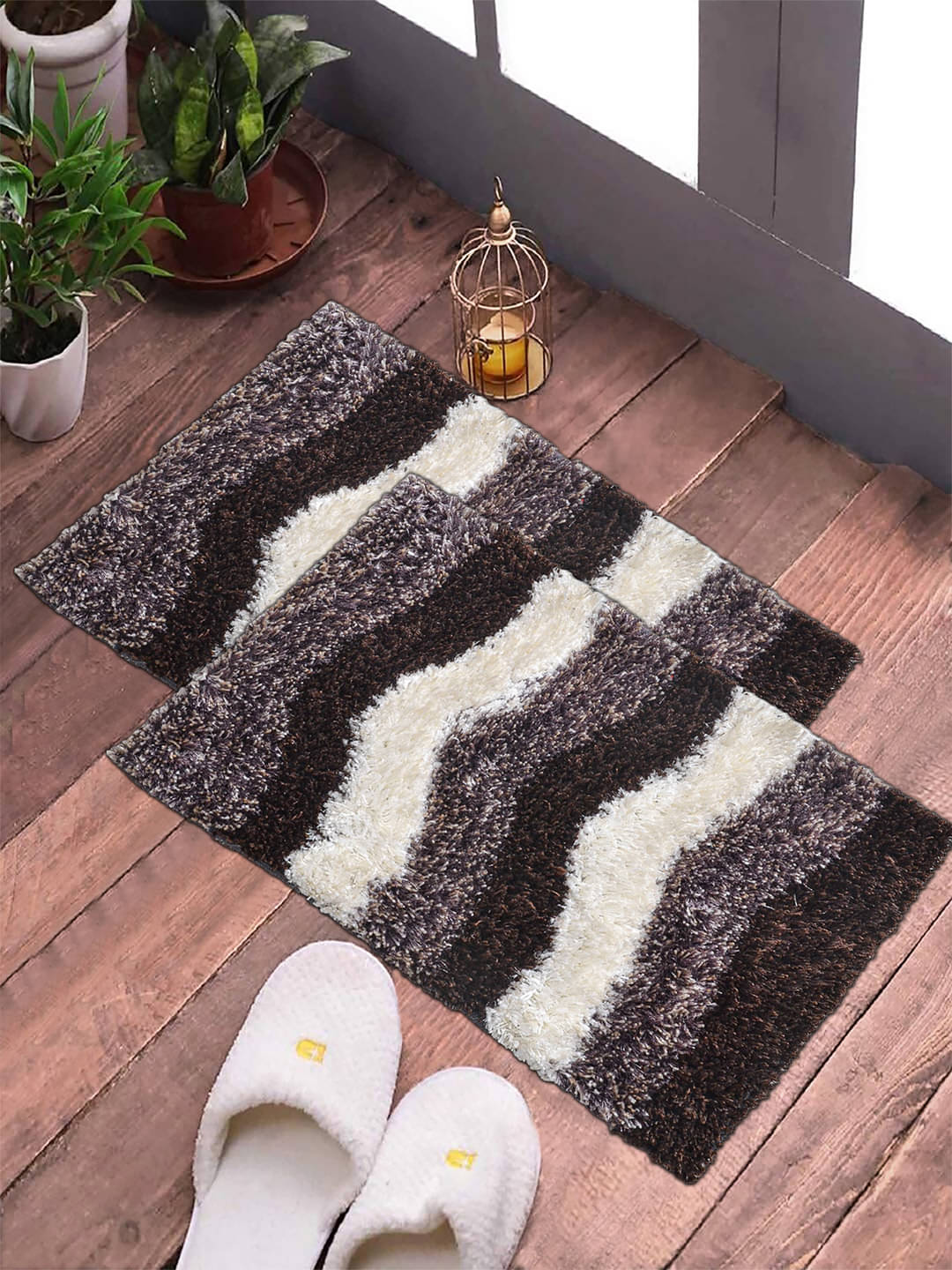 FABINALIV Set of 2 Anti-skid Polycotton Door Mat ( 60 X 40 cm ) Brown FABINALIV Set of 2 Anti-skid Polycotton Door Mat ( 60 X 40 cm ) Brown
