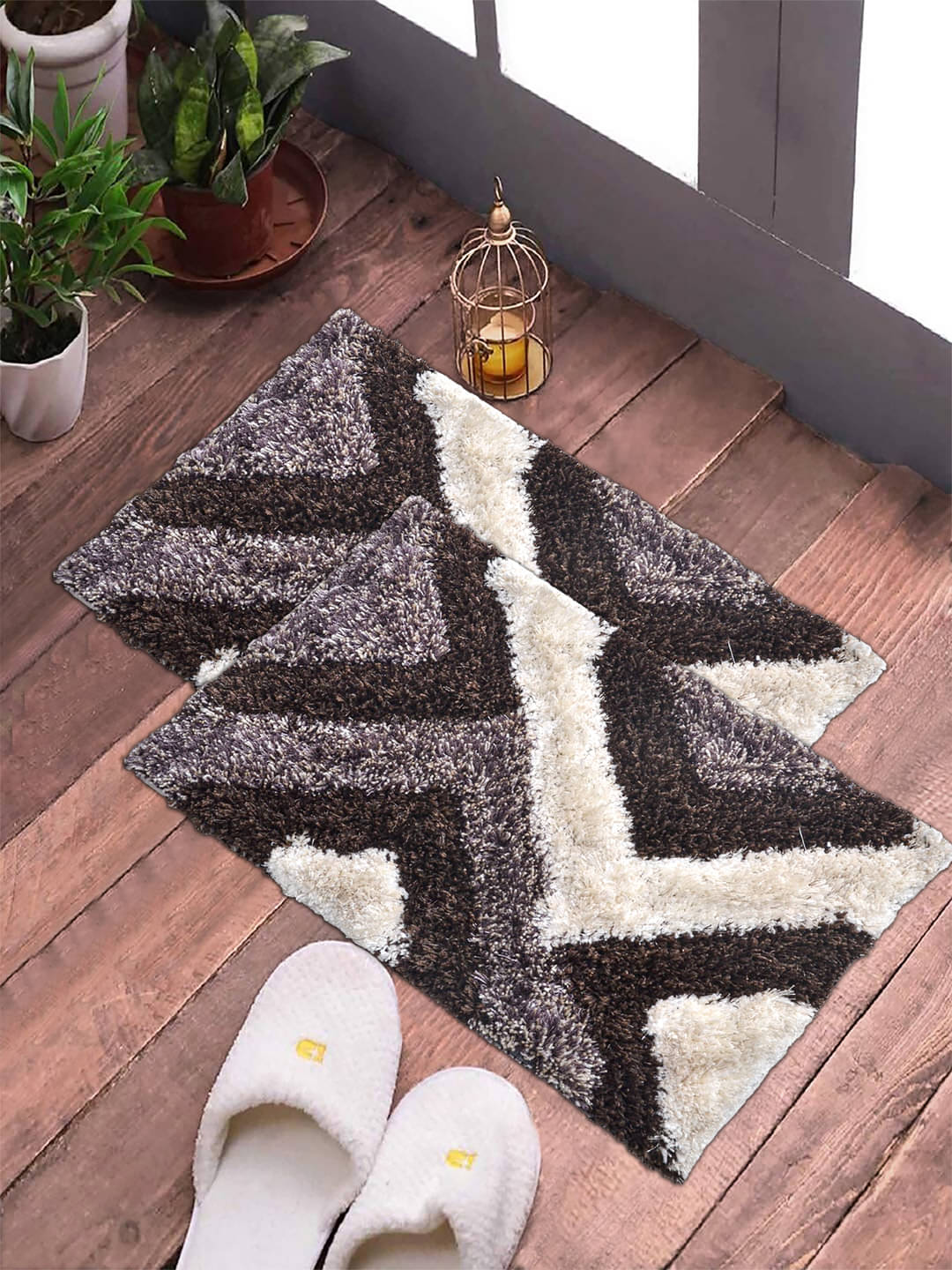     			FABINALIV Set of 2 Anti-skid Polycotton Door Mat ( 60 X 40 cm ) Dark Brown