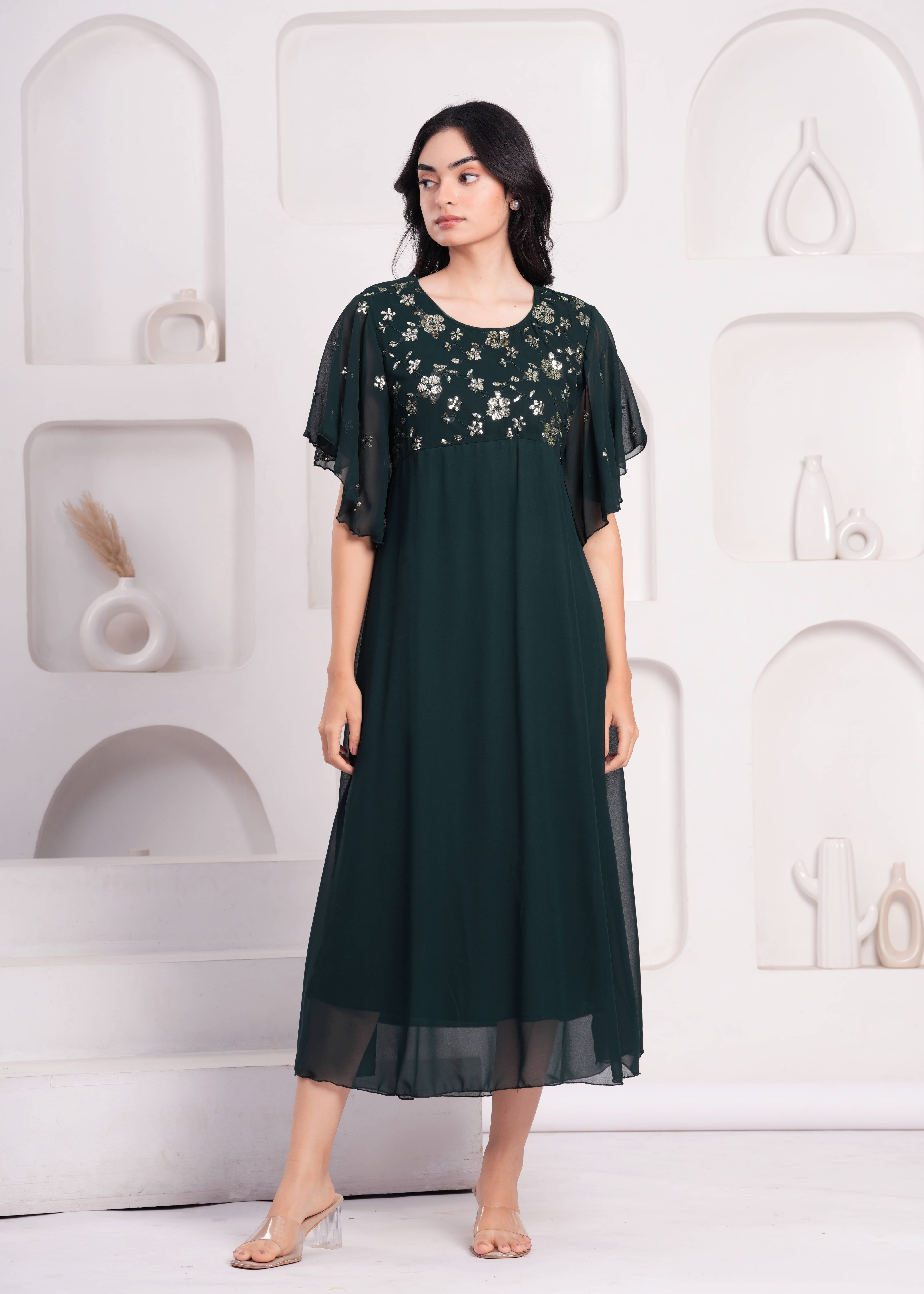 HIGHLIGHT FASHION EXPORT Women Georgette Embellished Fit & Flare Dress ( Green )     			HIGHLIGHT FASHION EXPORT Women Georgette Embellished Fit & Flare Dress ( Green )