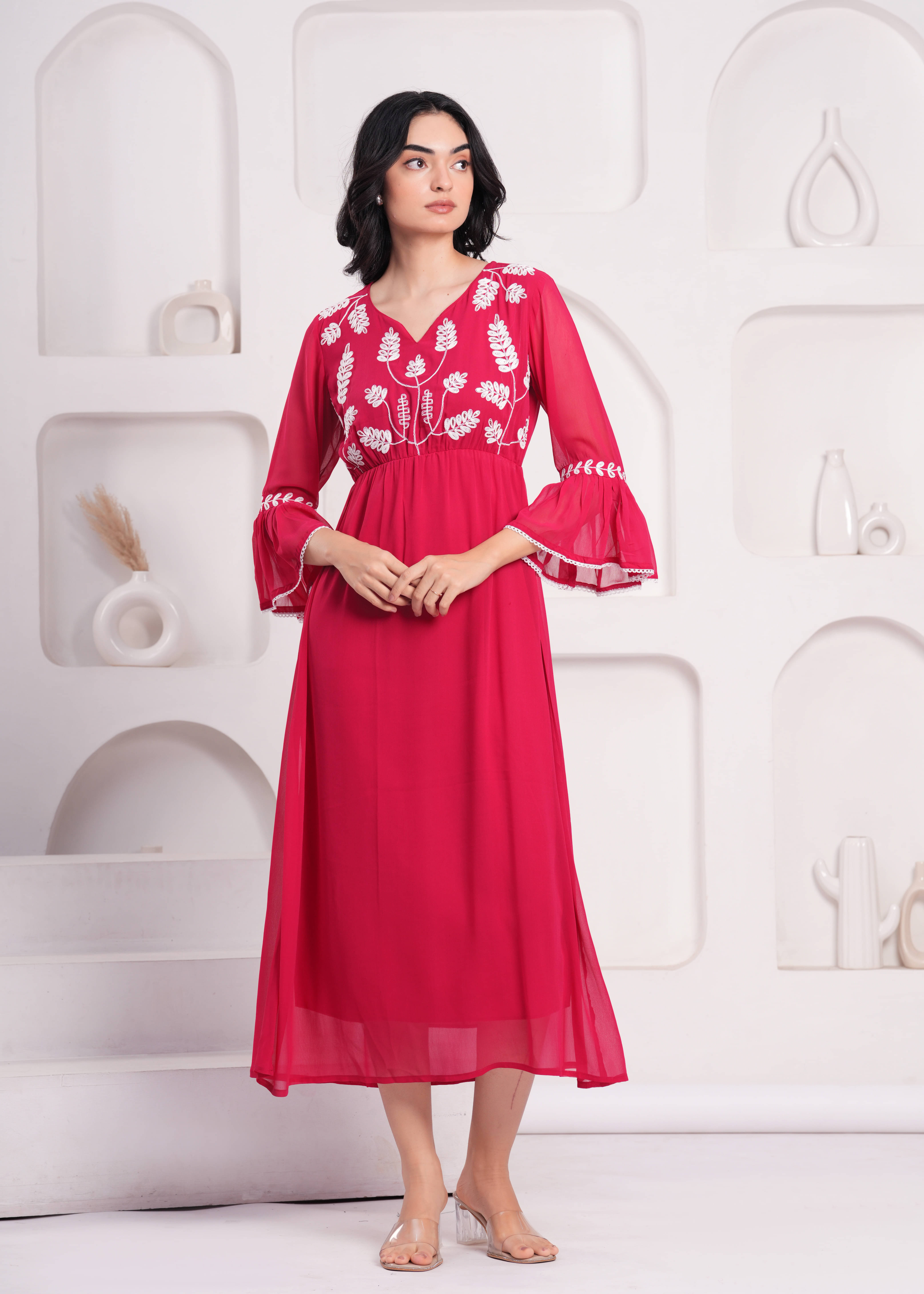     			HIGHLIGHT FASHION EXPORT Women Georgette Printed Fit & Flare Dress ( Red )