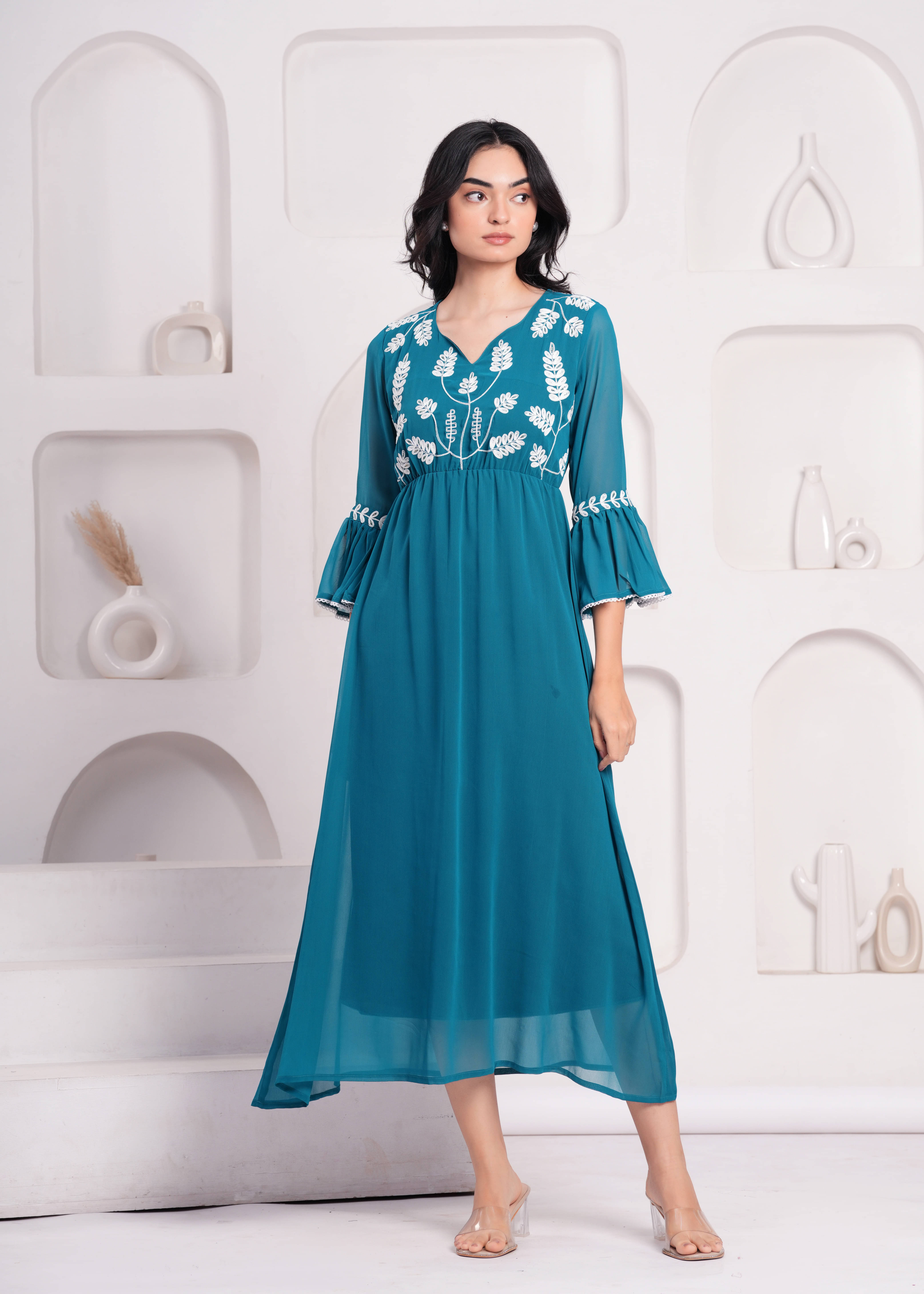 HIGHLIGHT FASHION EXPORT Women Georgette Printed Fit & Flare Dress ( Dark Blue ) HIGHLIGHT FASHION EXPORT Women Georgette Printed Fit & Flare Dress ( Dark Blue )