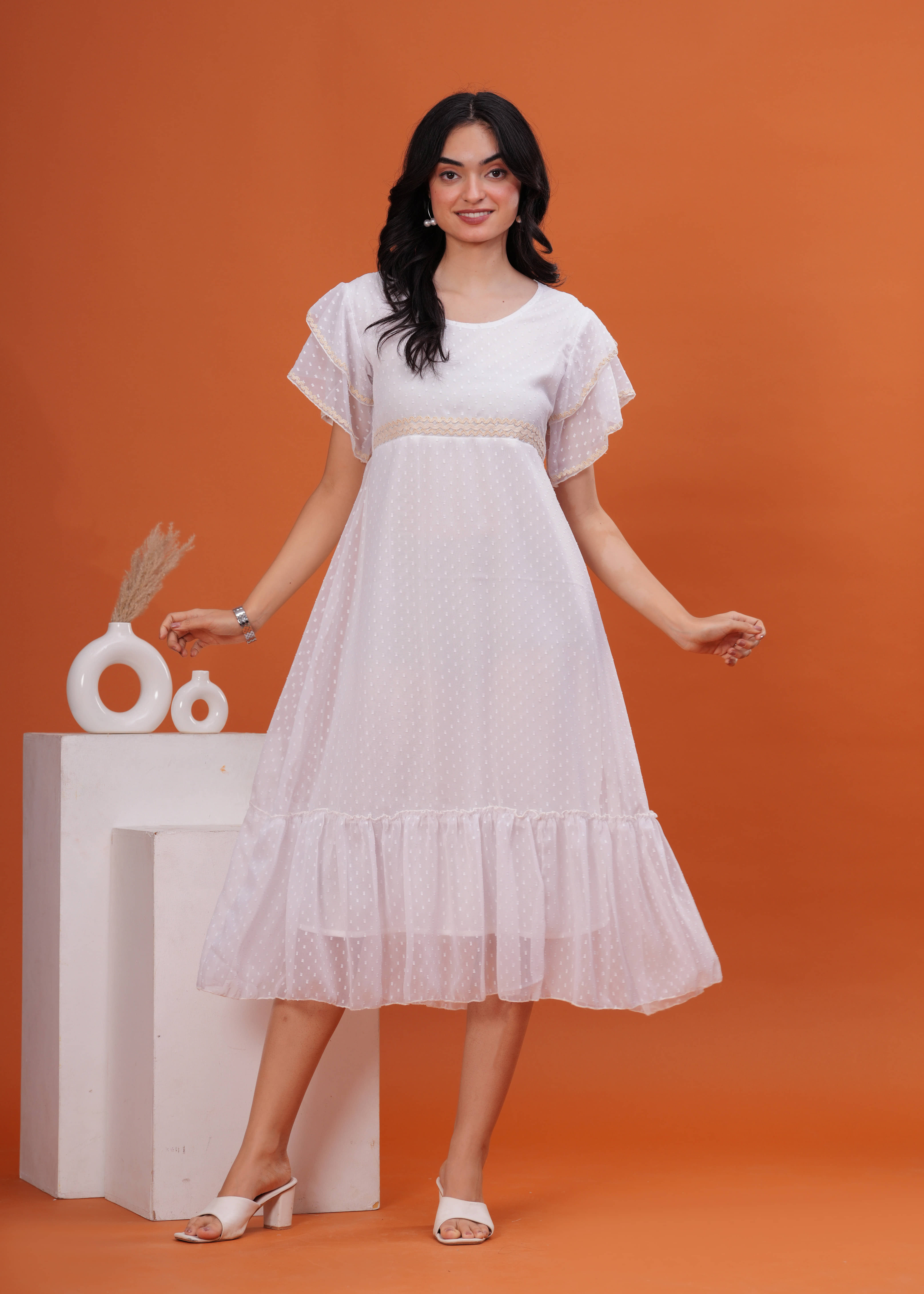 HIGHLIGHT FASHION EXPORT Women Georgette Self Design Empire Dress ( White )
