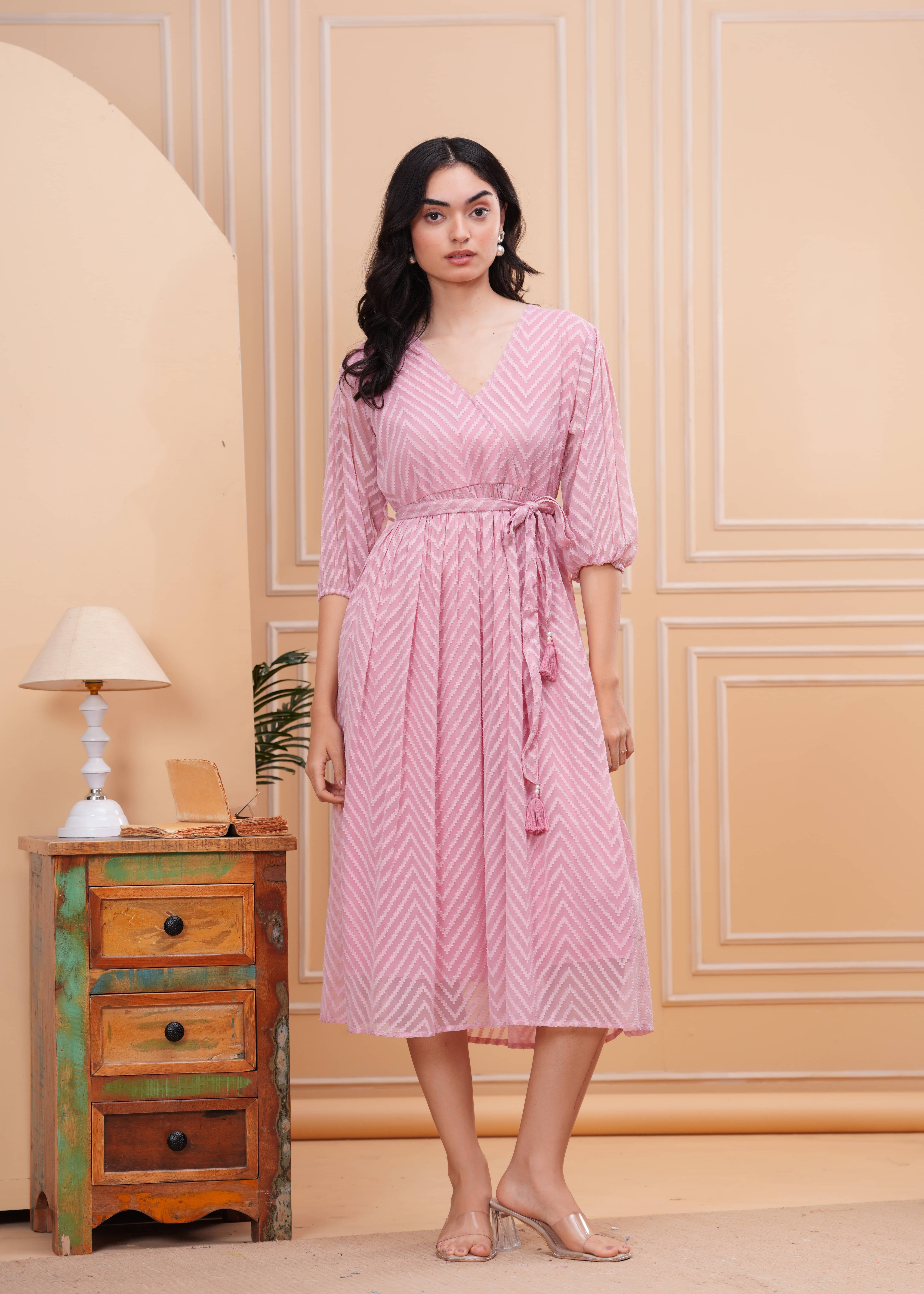 HIGHLIGHT FASHION EXPORT Women Georgette Self Design Fit & Flare Dress ( Pink ) HIGHLIGHT FASHION EXPORT Women Georgette Self Design Fit & Flare Dress ( Pink )
