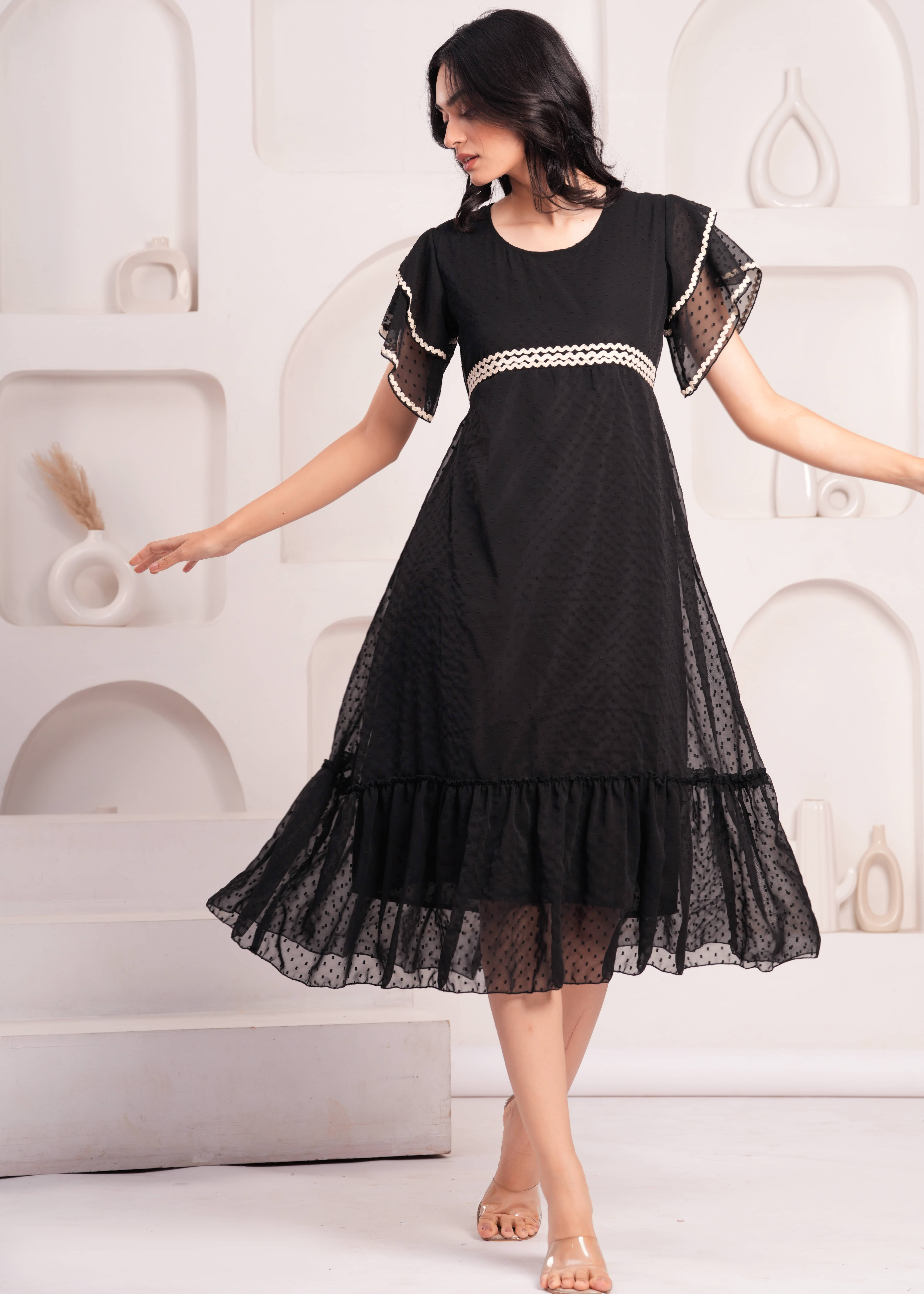    			HIGHLIGHT FASHION EXPORT Women Georgette Self Design Empire Dress ( Black )