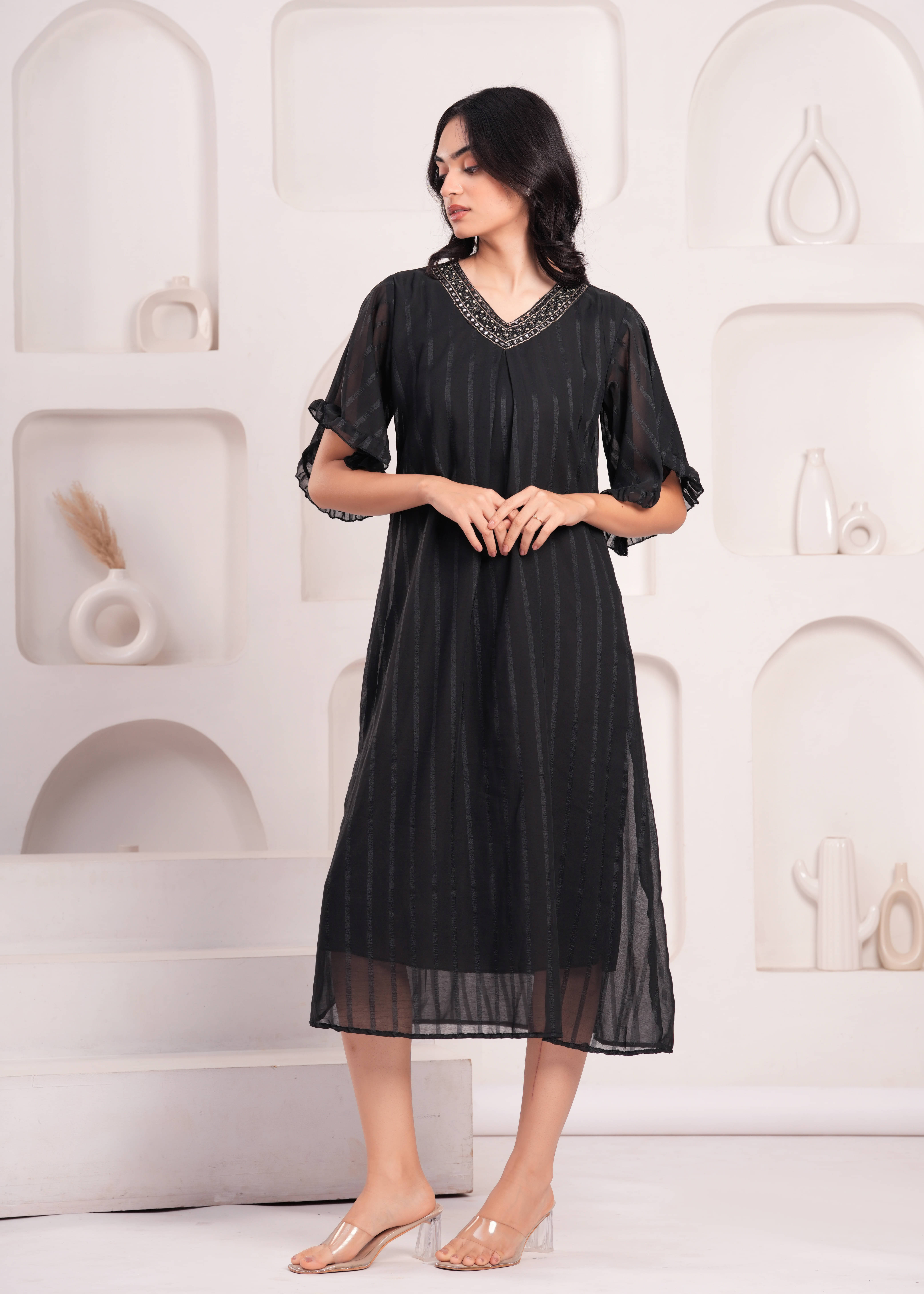 HIGHLIGHT FASHION EXPORT Georgette Striped Calf-Length Women's A-line Dress - Black ( Pack of 1 ) HIGHLIGHT FASHION EXPORT Georgette Striped Calf-Length Women's A-line Dress - Black ( Pack of 1 )