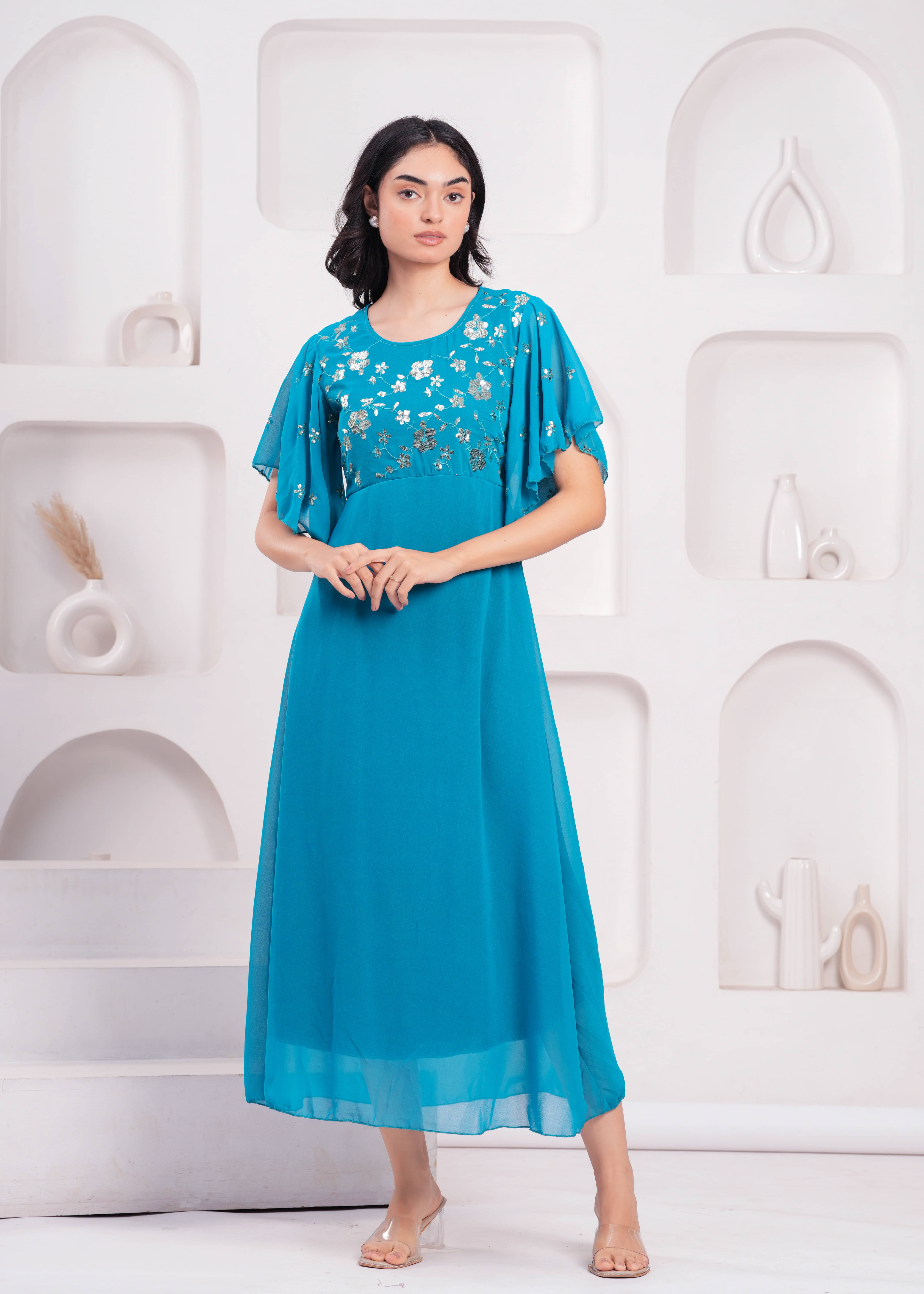     			JAI SHIVAM TRADERS Women Georgette Printed Fit & Flare Dress ( Dark Blue )