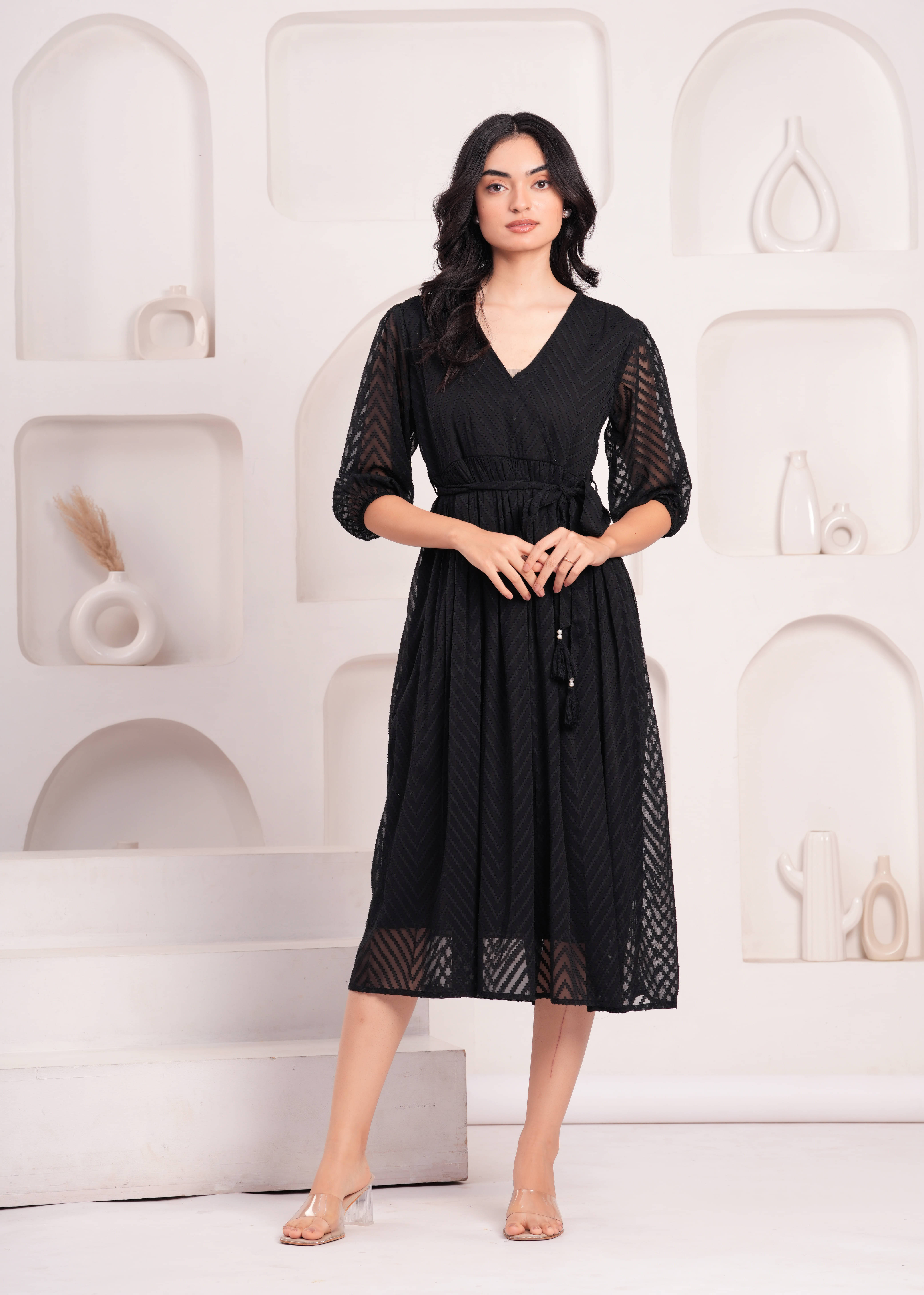 JAI SHIVAM TRADERS Women Georgette Self Design Fit & Flare Dress ( Black ) JAI SHIVAM TRADERS Women Georgette Self Design Fit & Flare Dress ( Black )