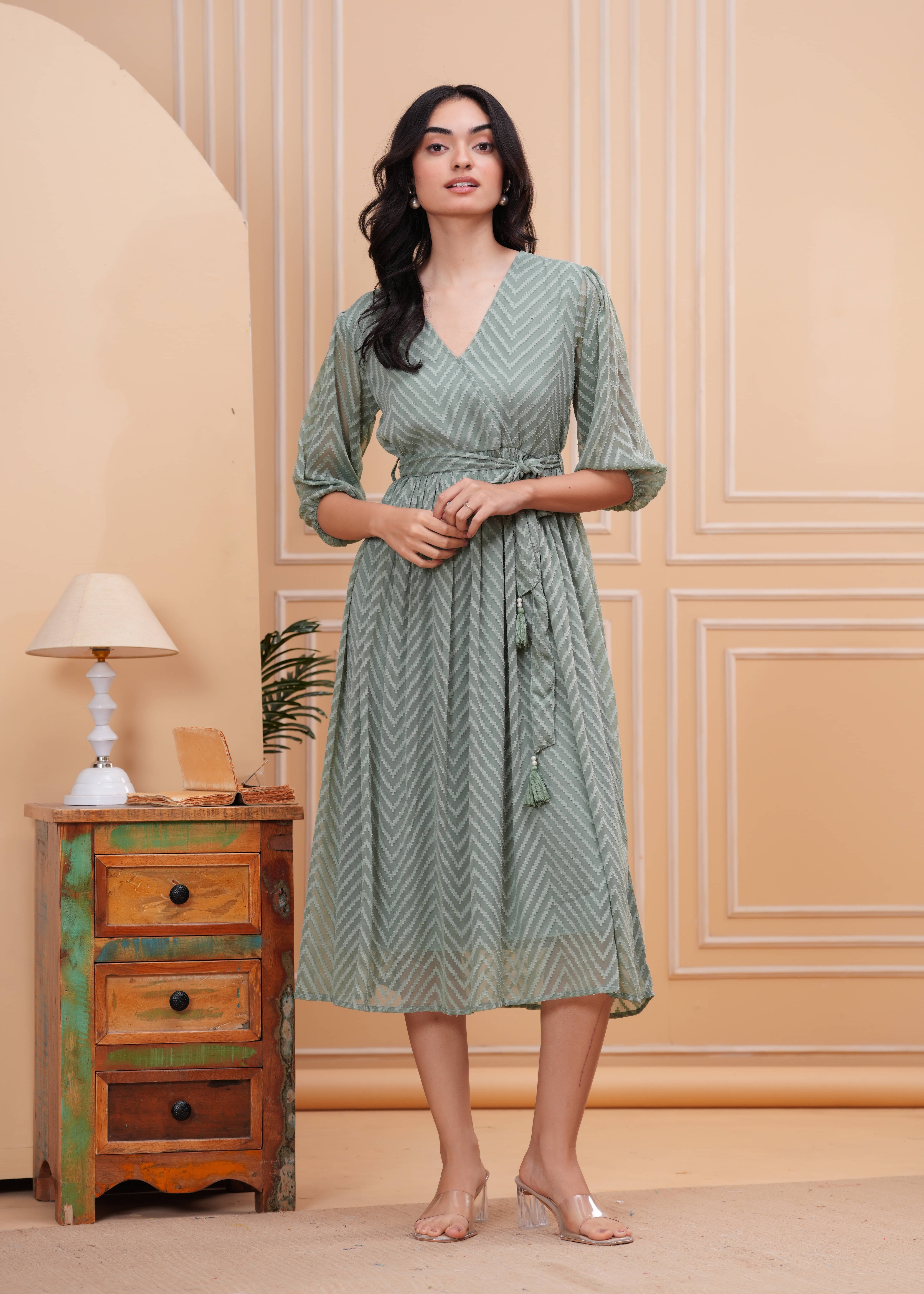 JAI SHIVAM TRADERS Women Georgette Self Design Fit & Flare Dress ( Green ) JAI SHIVAM TRADERS Women Georgette Self Design Fit & Flare Dress ( Green )