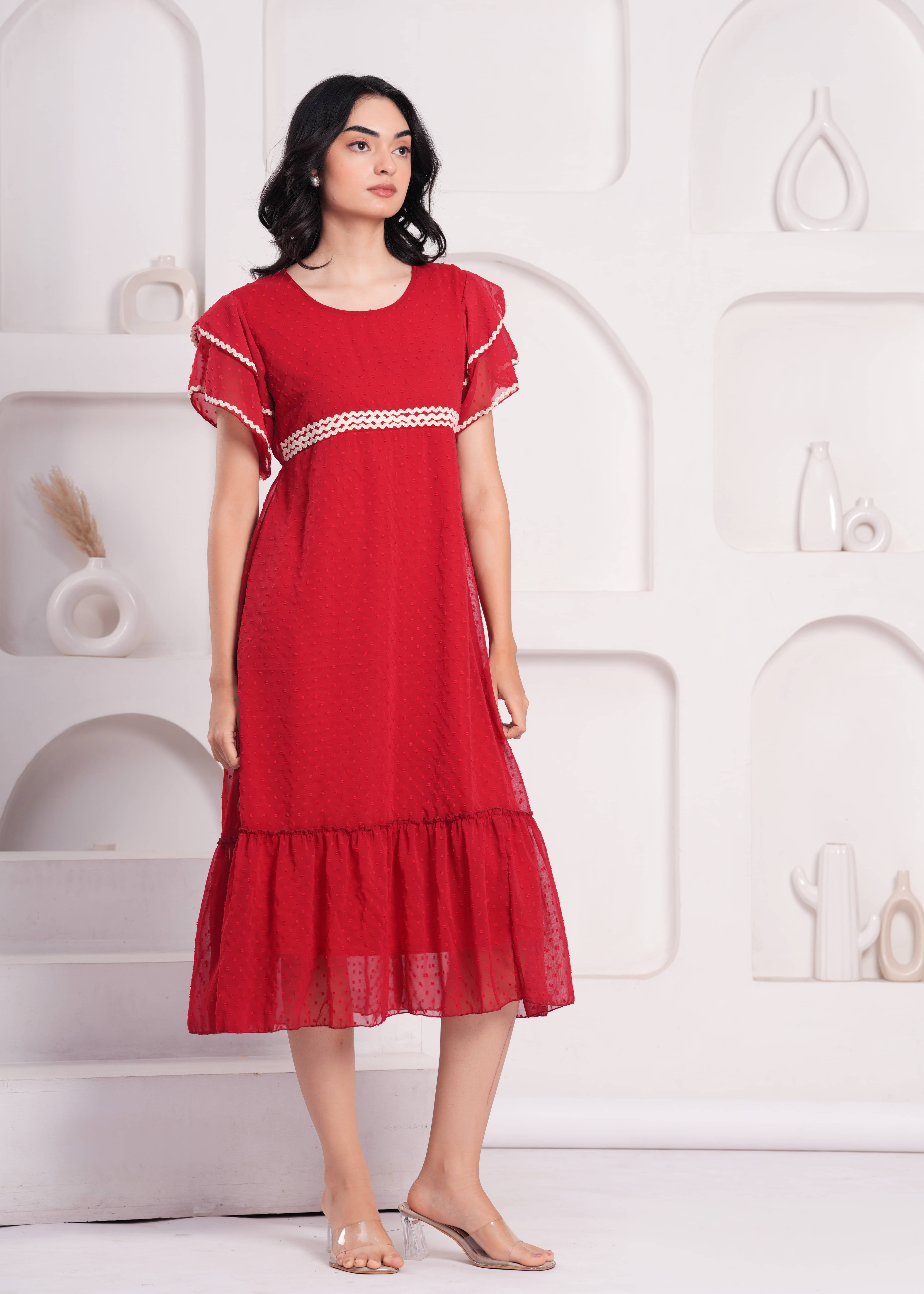     			JAI SHIVAM TRADERS Women Georgette Self Design Empire Dress ( Red )