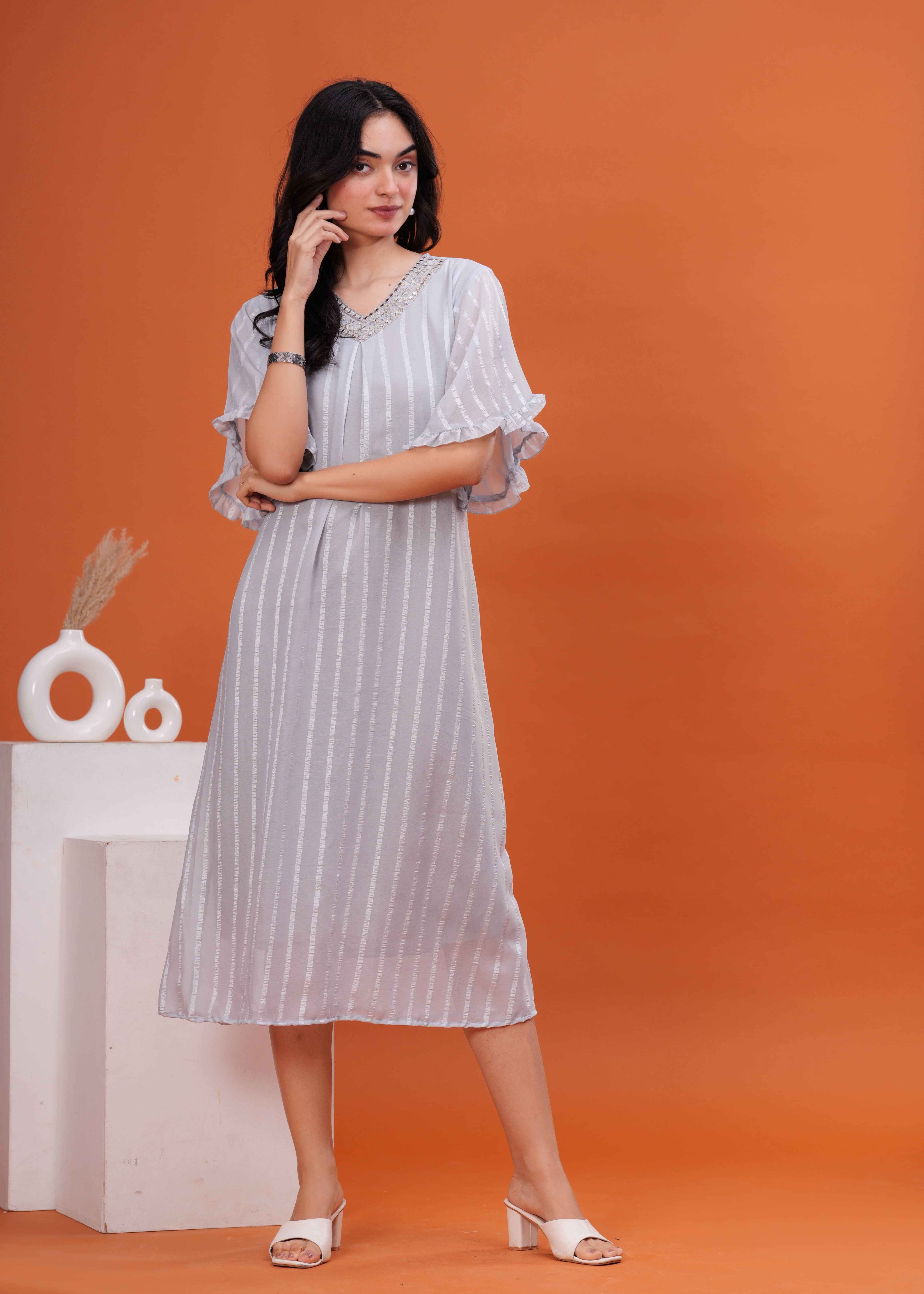     			JAI SHIVAM TRADERS Georgette Striped Calf-Length Women's Fit & Flare Dress - Grey ( Pack of 1 )
