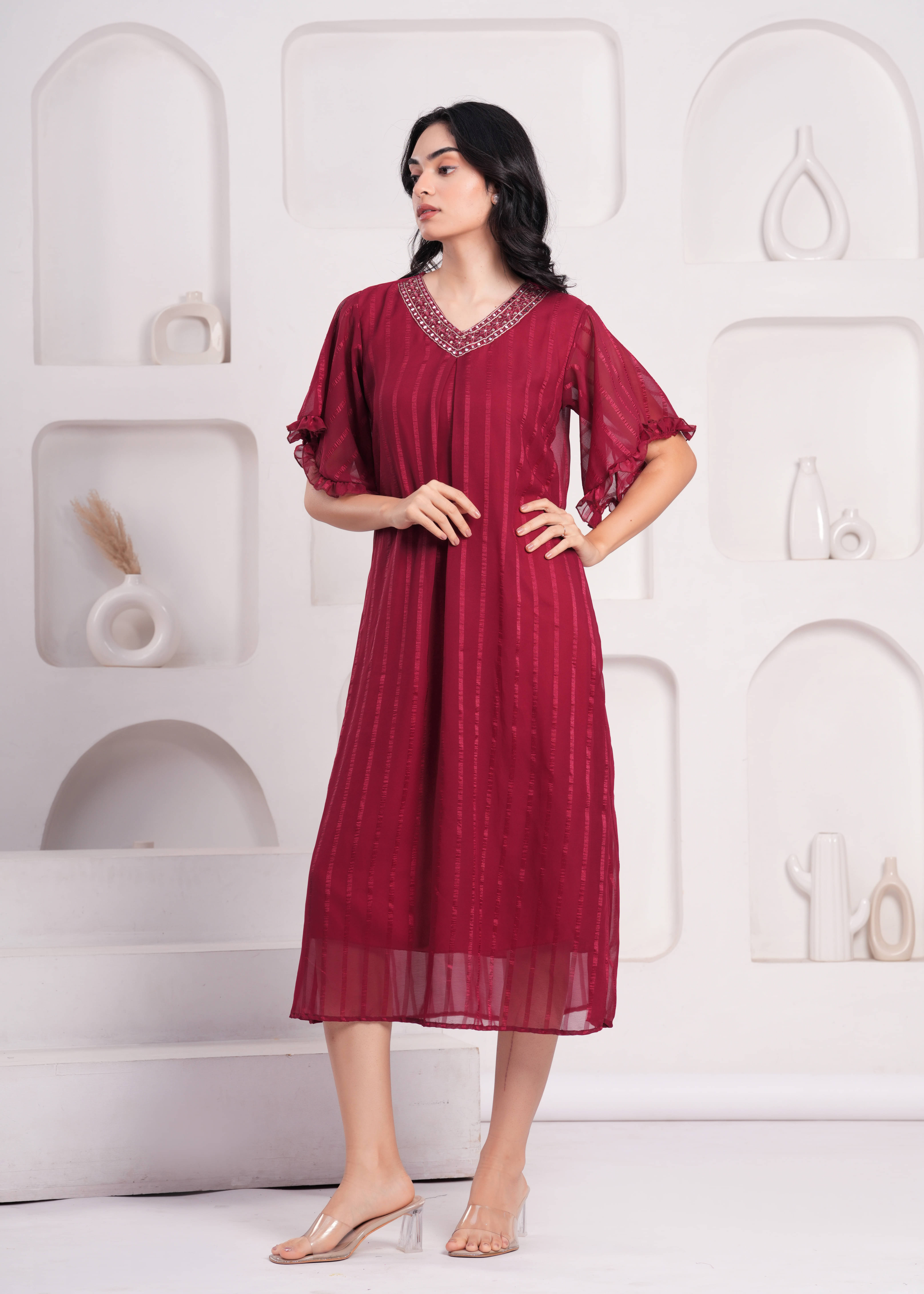 JAI SHIVAM TRADERS Georgette Striped Midi Women's Fit & Flare Dress - Maroon ( Pack of 1 ) JAI SHIVAM TRADERS Georgette Striped Midi Women's Fit & Flare Dress - Maroon ( Pack of 1 )
