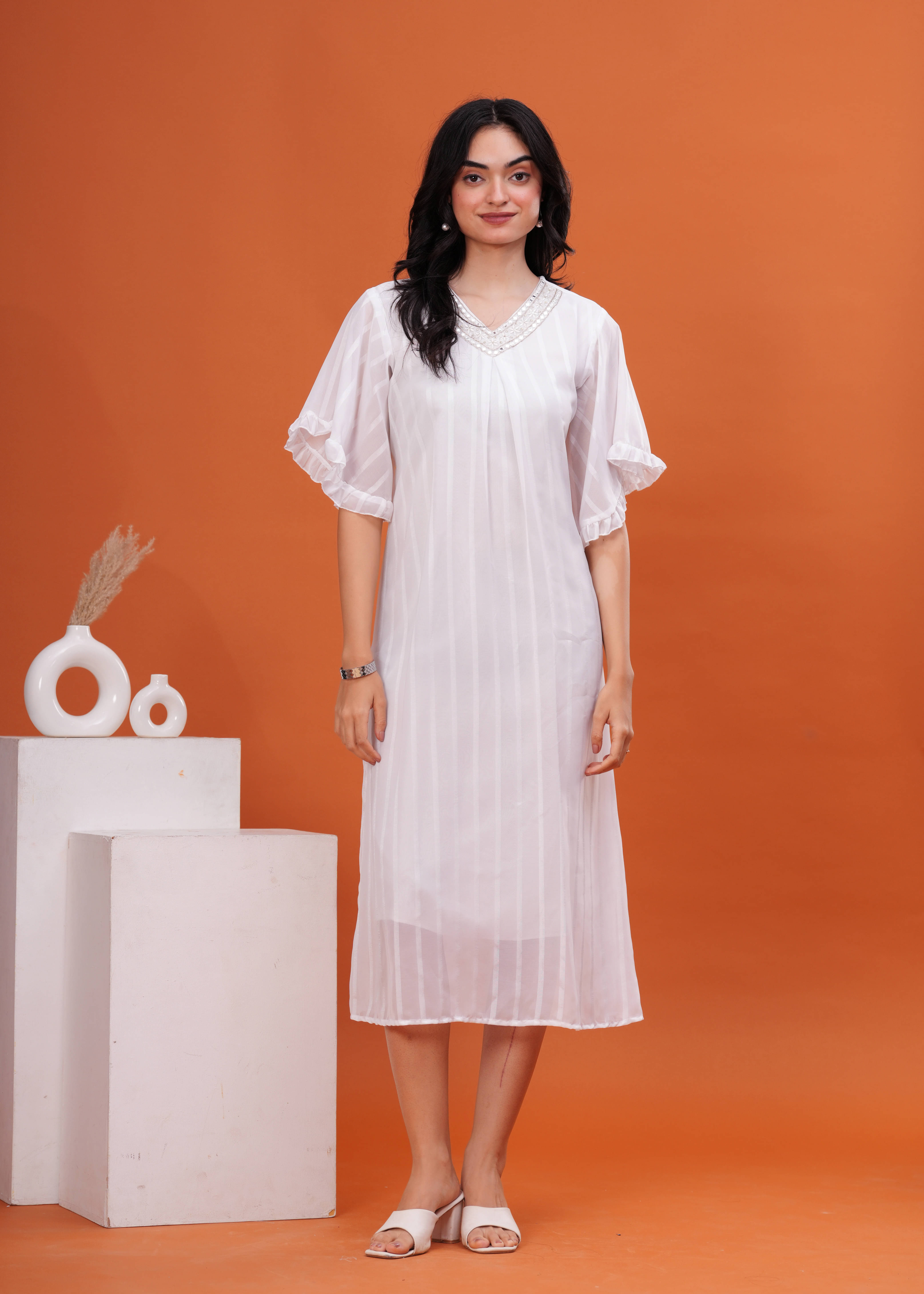 JAI SHIVAM TRADERS Georgette Striped Midi Women's Fit & Flare Dress - White ( Pack of 1 ) JAI SHIVAM TRADERS Georgette Striped Midi Women's Fit & Flare Dress - White ( Pack of 1 )
