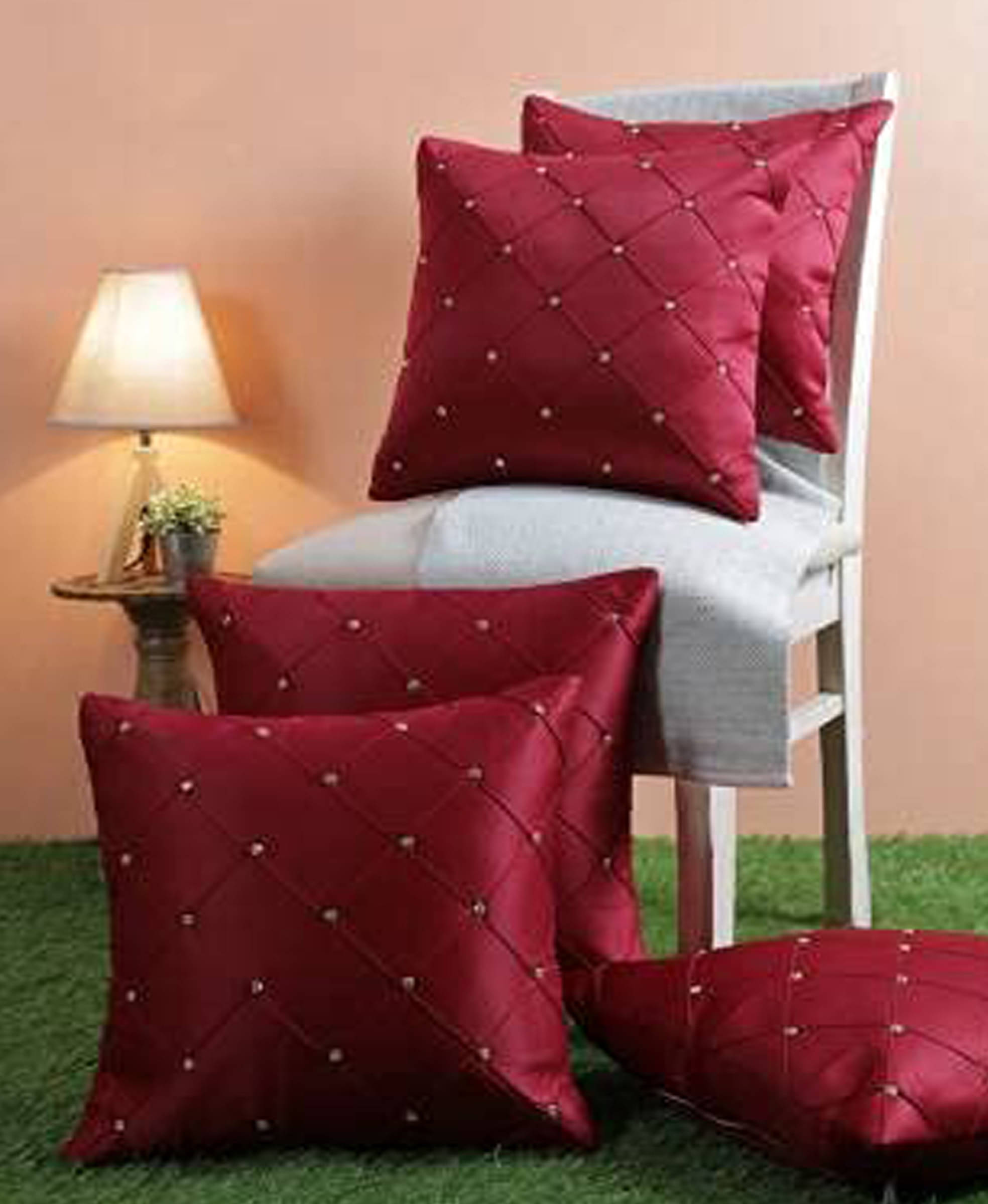 JDXONLINESALE Set of 5 Maroon Poly Cotton Filled Cushion JDXONLINESALE Set of 5 Maroon Poly Cotton Filled Cushion