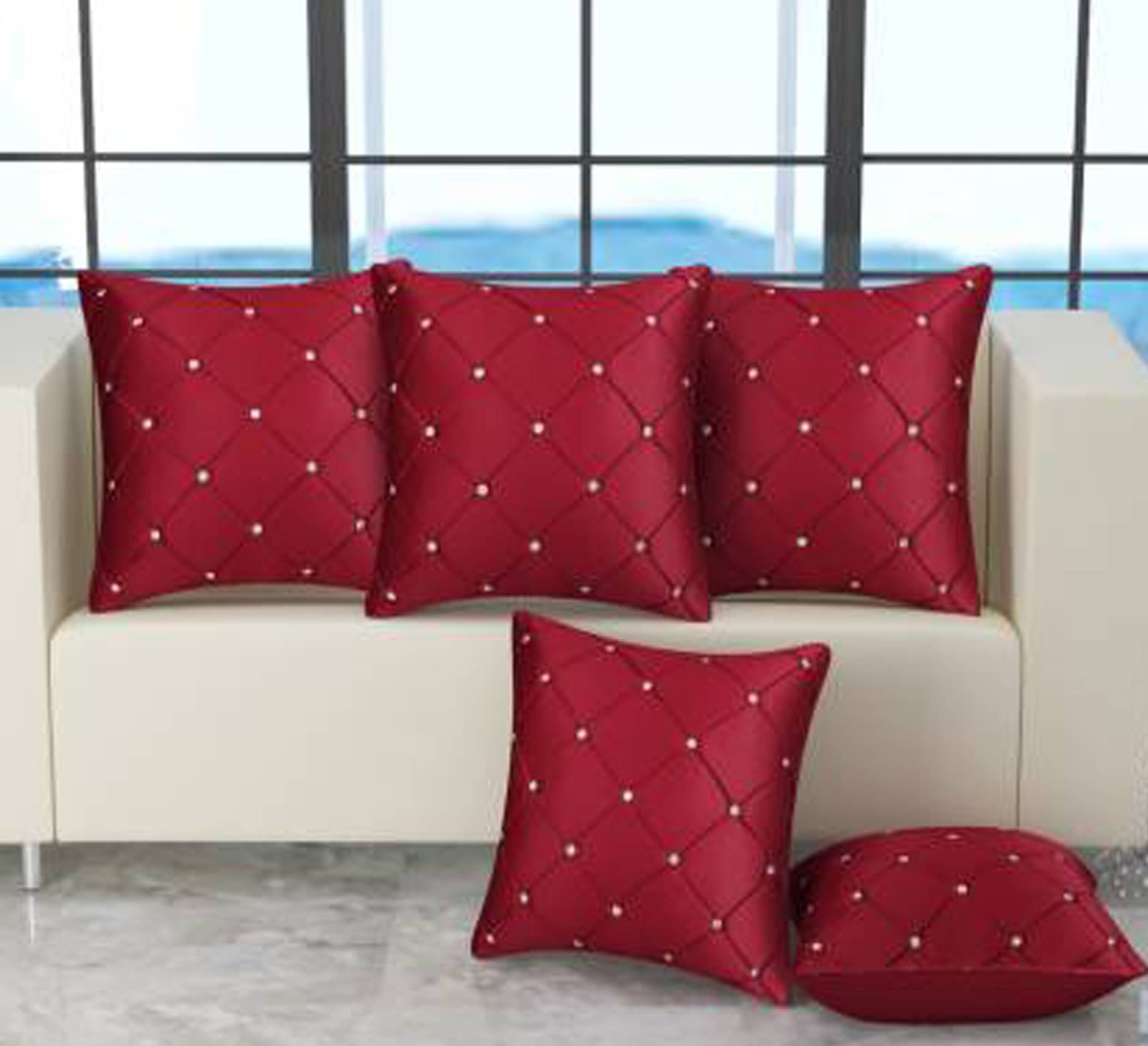 JDXONLINESALE Set of 5 Velvet Big Checks Square Cushion Cover (40X40)cm - Red JDXONLINESALE Set of 5 Velvet Big Checks Square Cushion Cover (40X40)cm - Red