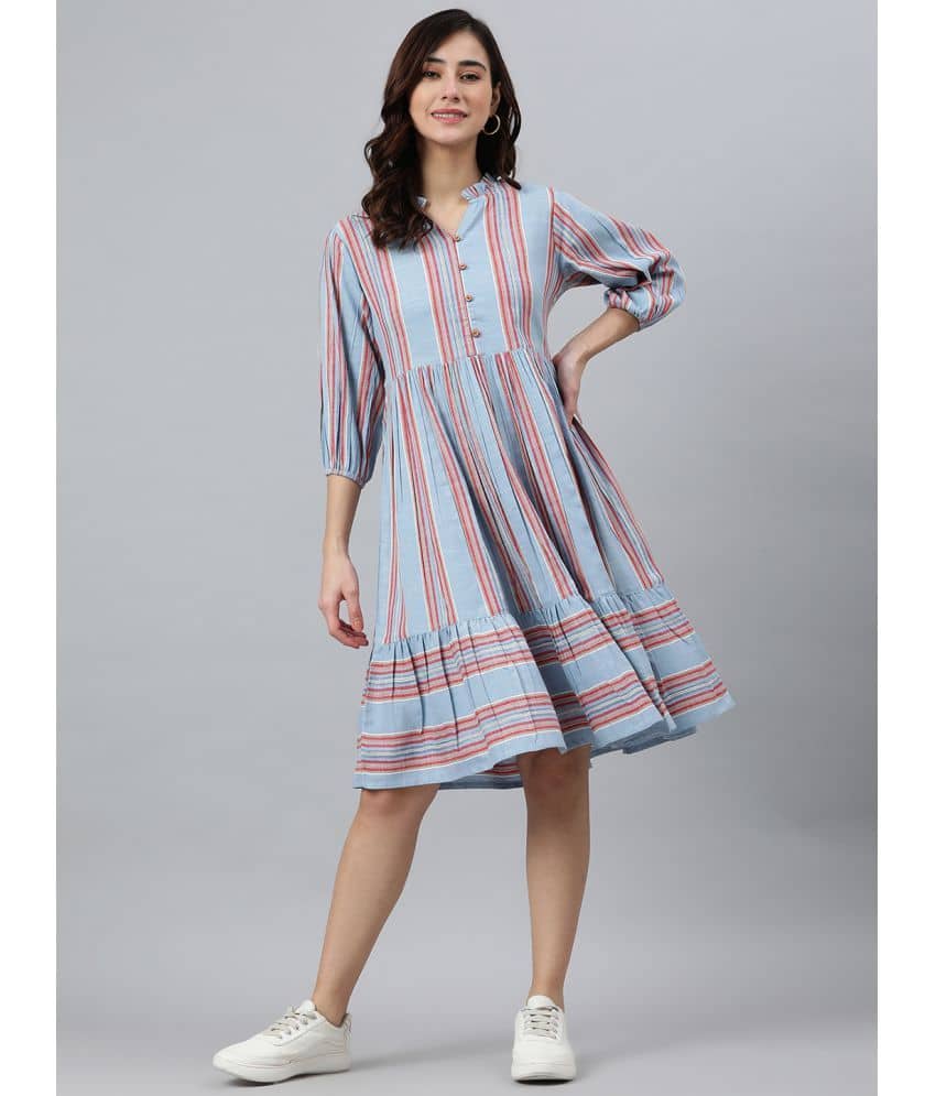 Janasya Cotton Blend Striped Knee Length Women's Fit And Flare Dress - Blue ( Pack of 1 )
