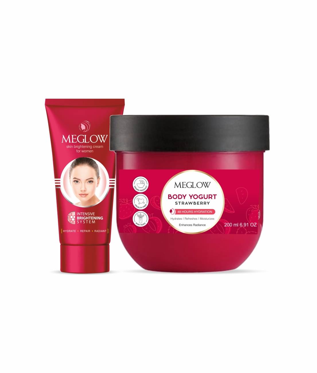 Meglow Skin Brightening Cream 15g + Strawberry Body Yogurt 200ml - Glow & Hydrate Combo     			Meglow Skin Brightening Cream 15g + Strawberry Body Yogurt 200ml - Glow & Hydrate Combo