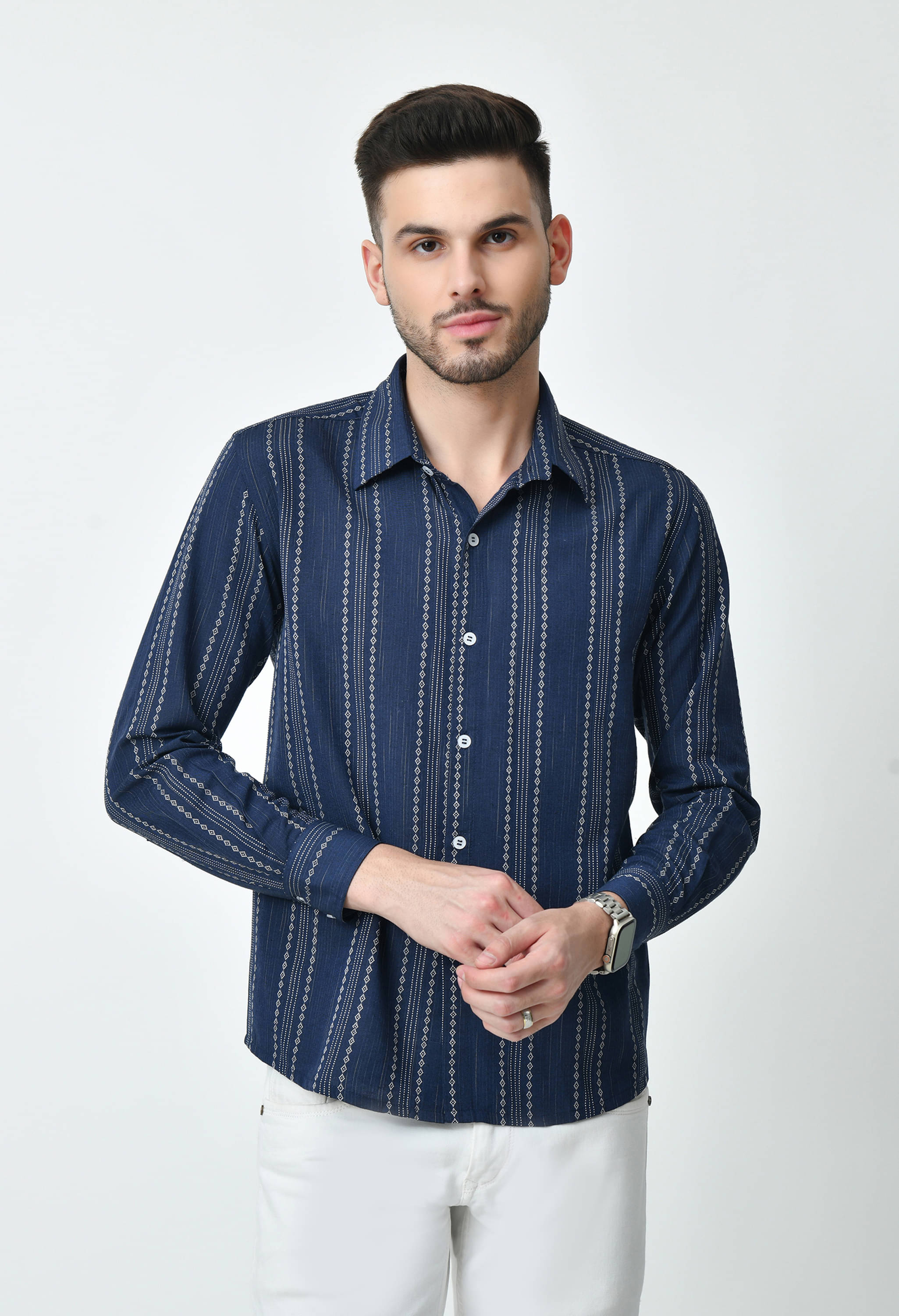 OTIRA Cotton Blend Regular Fit Striped Full Sleeves Men's Casual Shirt - Blue ( Pack of 1 )     			OTIRA Cotton Blend Regular Fit Striped Full Sleeves Men's Casual Shirt - Blue ( Pack of 1 )