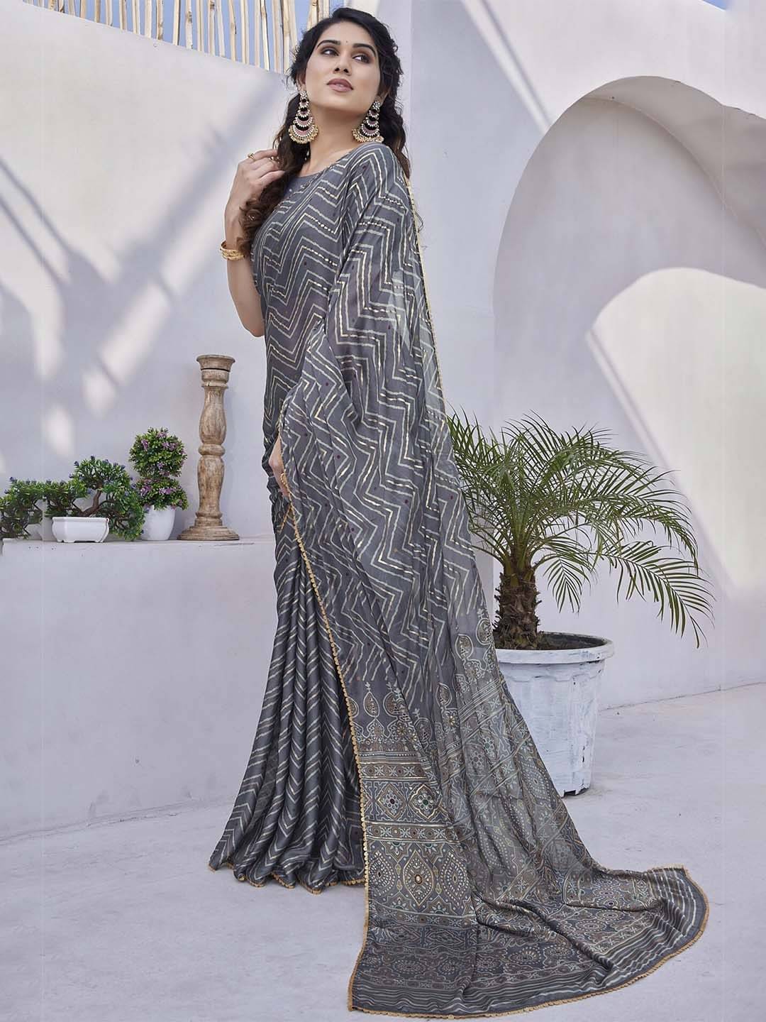 PHORIA STYLE Chiffon Printed Saree With Unstitched Blouse Piece ( Grey ) PHORIA STYLE Chiffon Printed Saree With Unstitched Blouse Piece ( Grey )