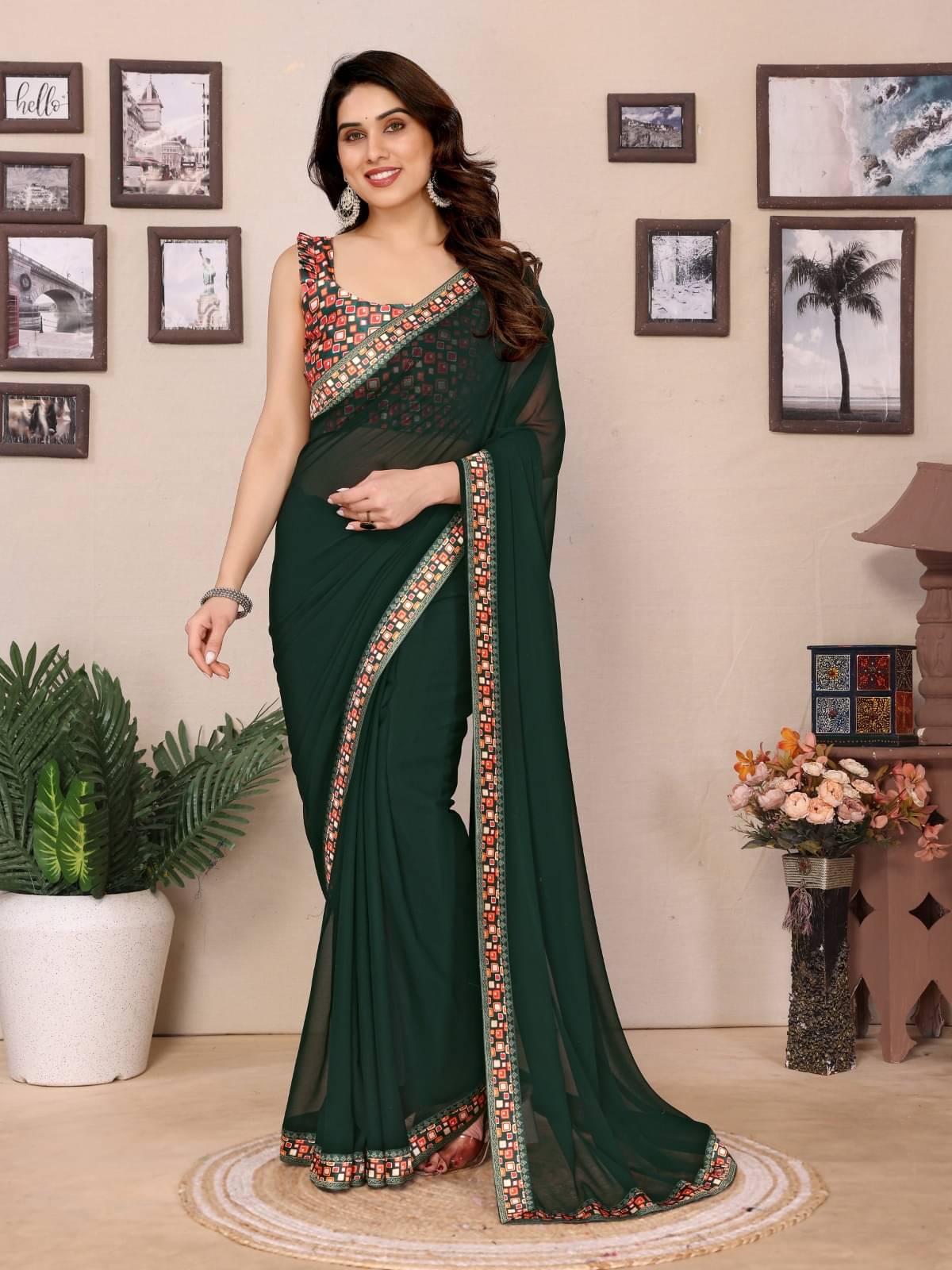     			PHORIA STYLE Georgette Solid Saree With Unstitched Blouse Piece ( Green )