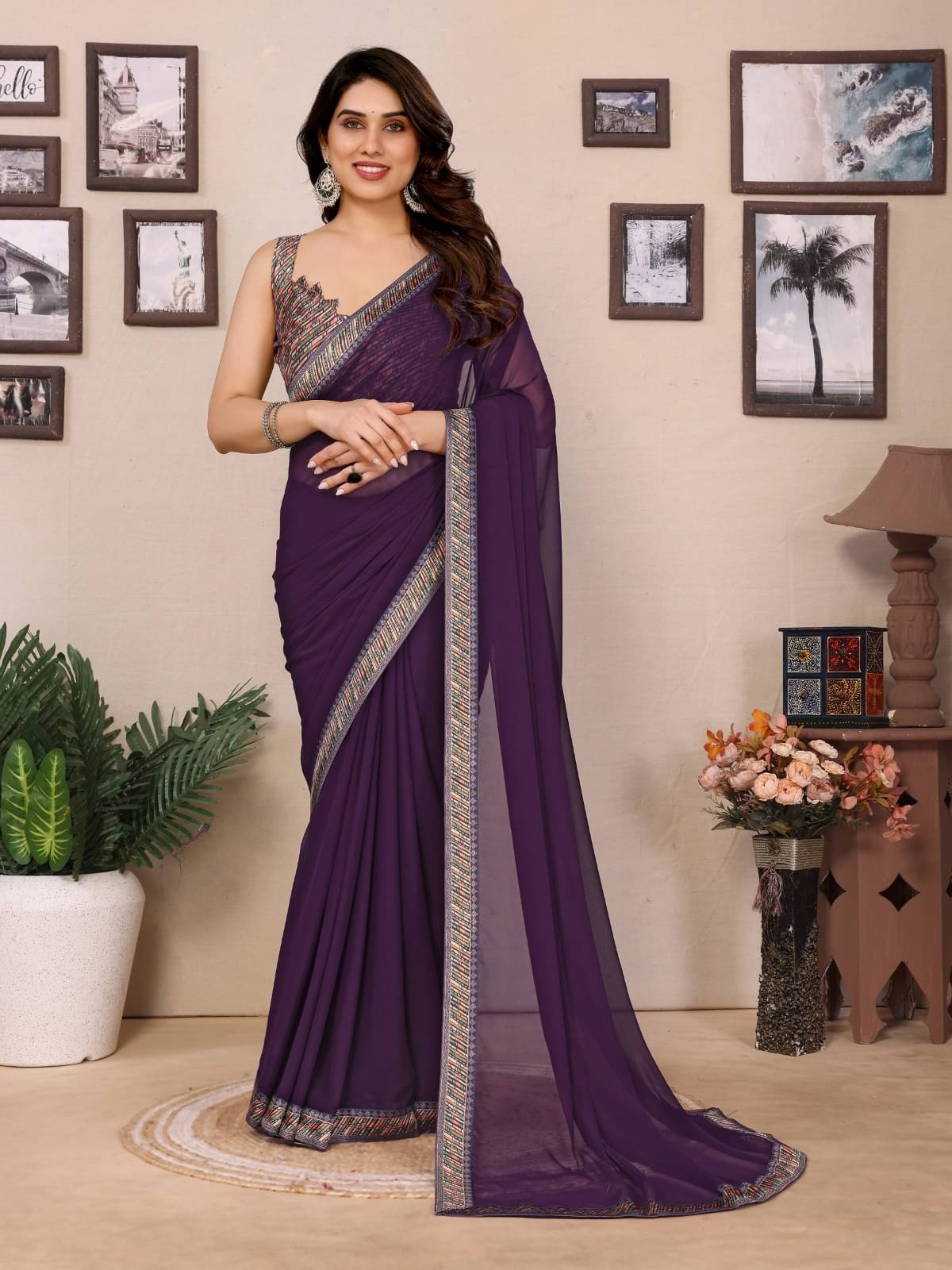 PHORIA STYLE Georgette Solid Saree With Unstitched Blouse Piece ( Wine ) PHORIA STYLE Georgette Solid Saree With Unstitched Blouse Piece ( Wine )