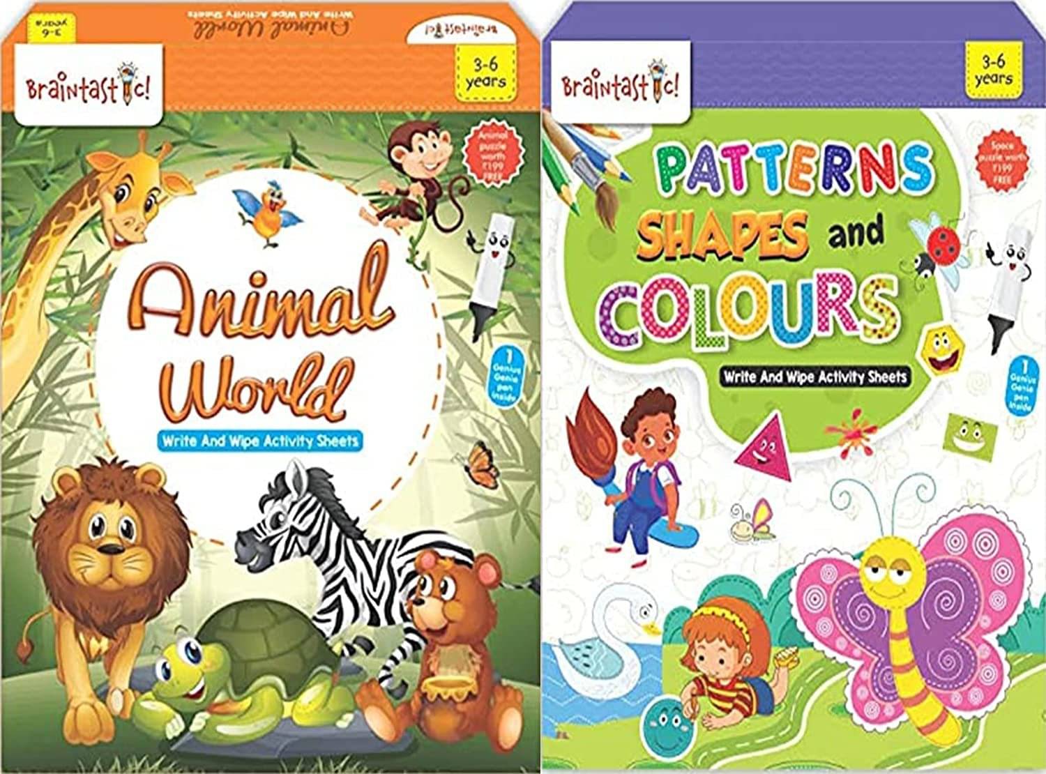     			Patterns & Animal World Write Wipe Reusable Activity Sheet with Free Puzzle