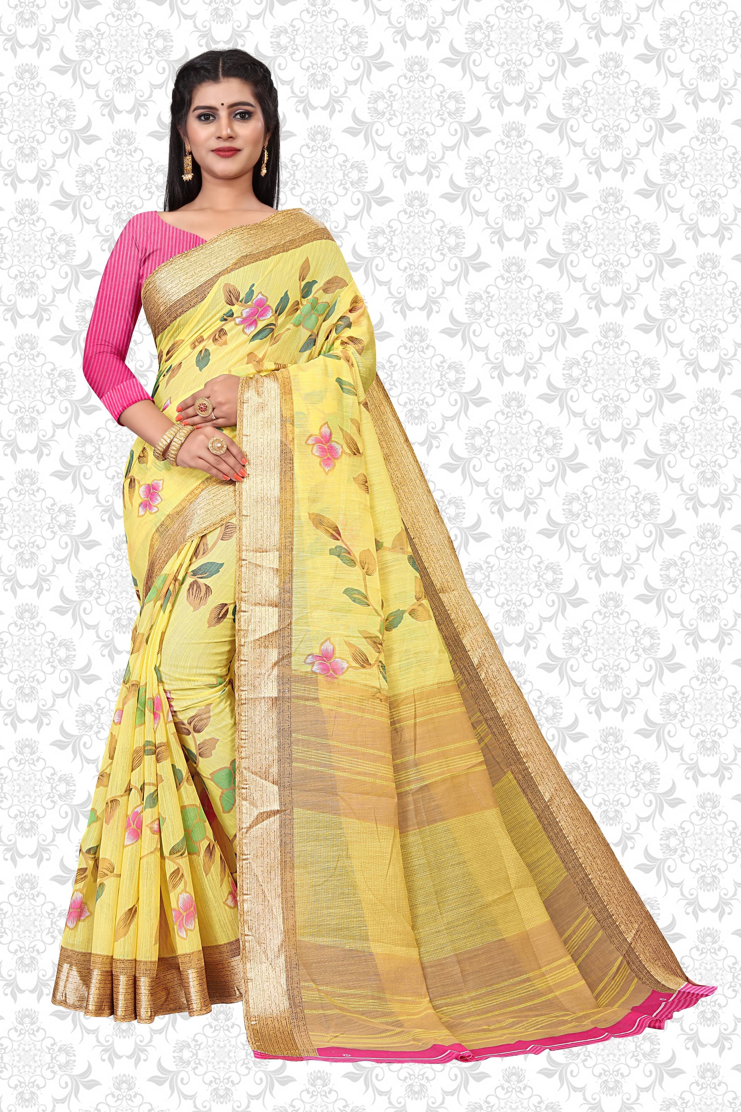     			RUNAYA NX Art Silk Printed Saree With Unstitched Blouse Piece ( Yellow )