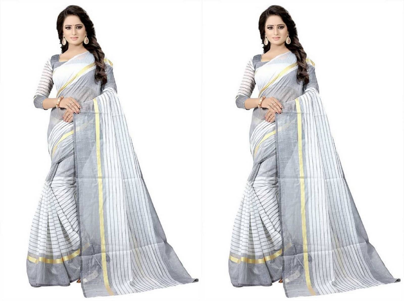 RUNAYA NX Cotton Blend Printed Saree Without Blouse Piece ( White ) RUNAYA NX Cotton Blend Printed Saree Without Blouse Piece ( White )