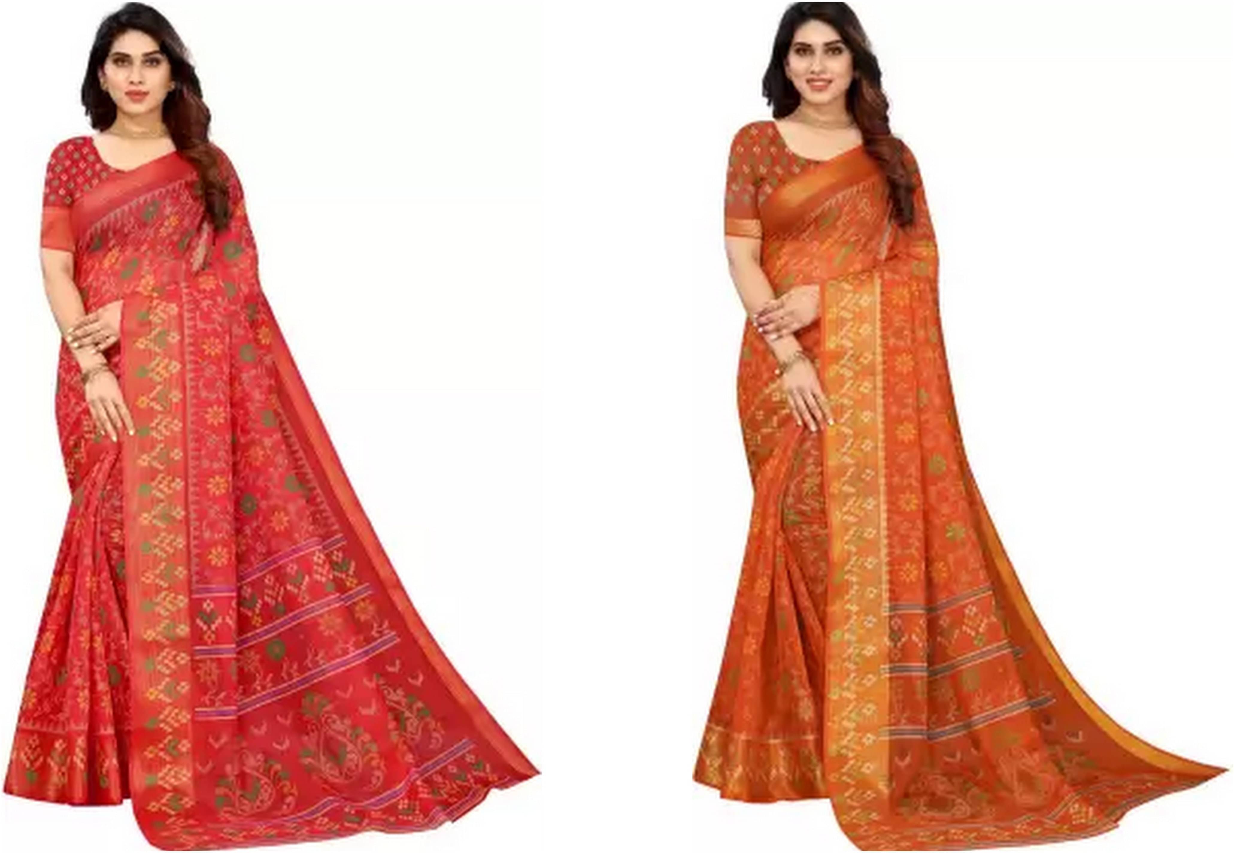 RUNAYA NX Cotton Blend Printed Saree With Unstitched Blouse Piece ( Multicolor )     			RUNAYA NX Cotton Blend Printed Saree With Unstitched Blouse Piece ( Multicolor )
