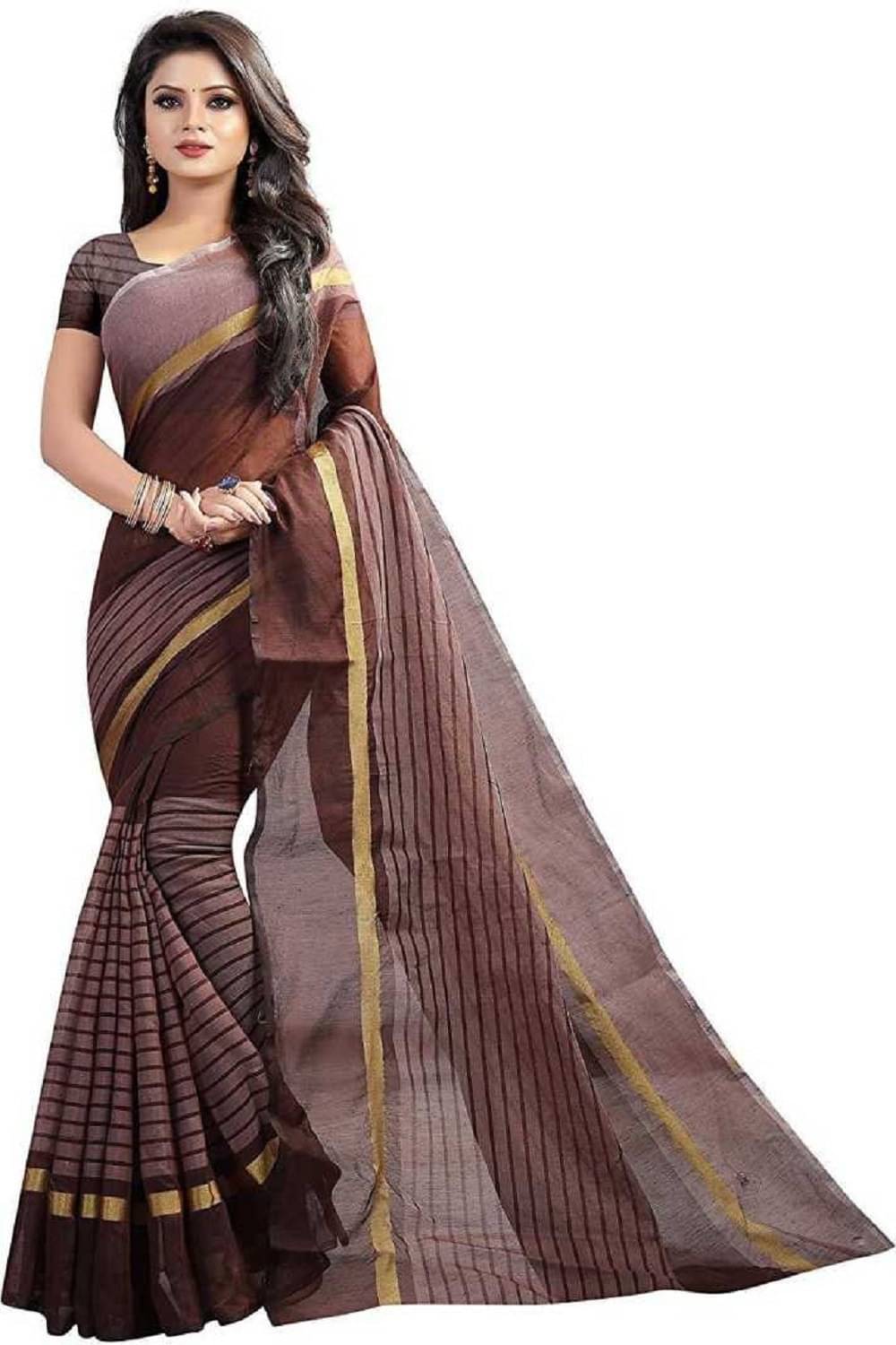 RUNAYA NX Cotton Blend Printed Saree Without Blouse Piece ( Brown ) RUNAYA NX Cotton Blend Printed Saree Without Blouse Piece ( Brown )