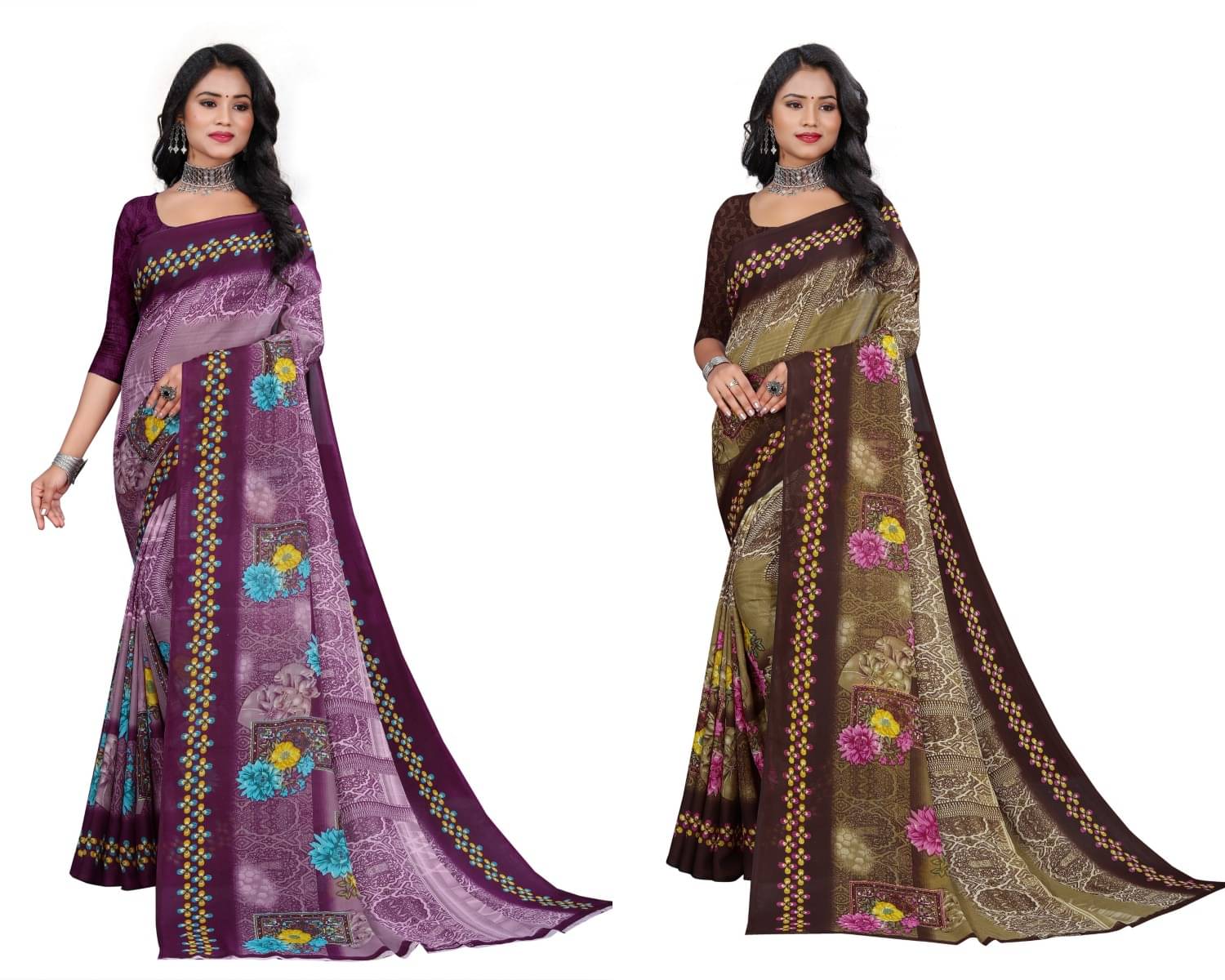 RUNAYA NX Georgette Printed Saree With Unstitched Blouse Piece ( Multicolor ) RUNAYA NX Georgette Printed Saree With Unstitched Blouse Piece ( Multicolor )