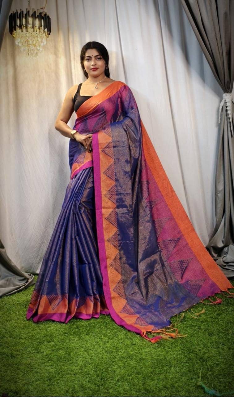     			SARADA HANDLOOM Cotton Self Design Saree With Unstitched Blouse Piece ( Blue )