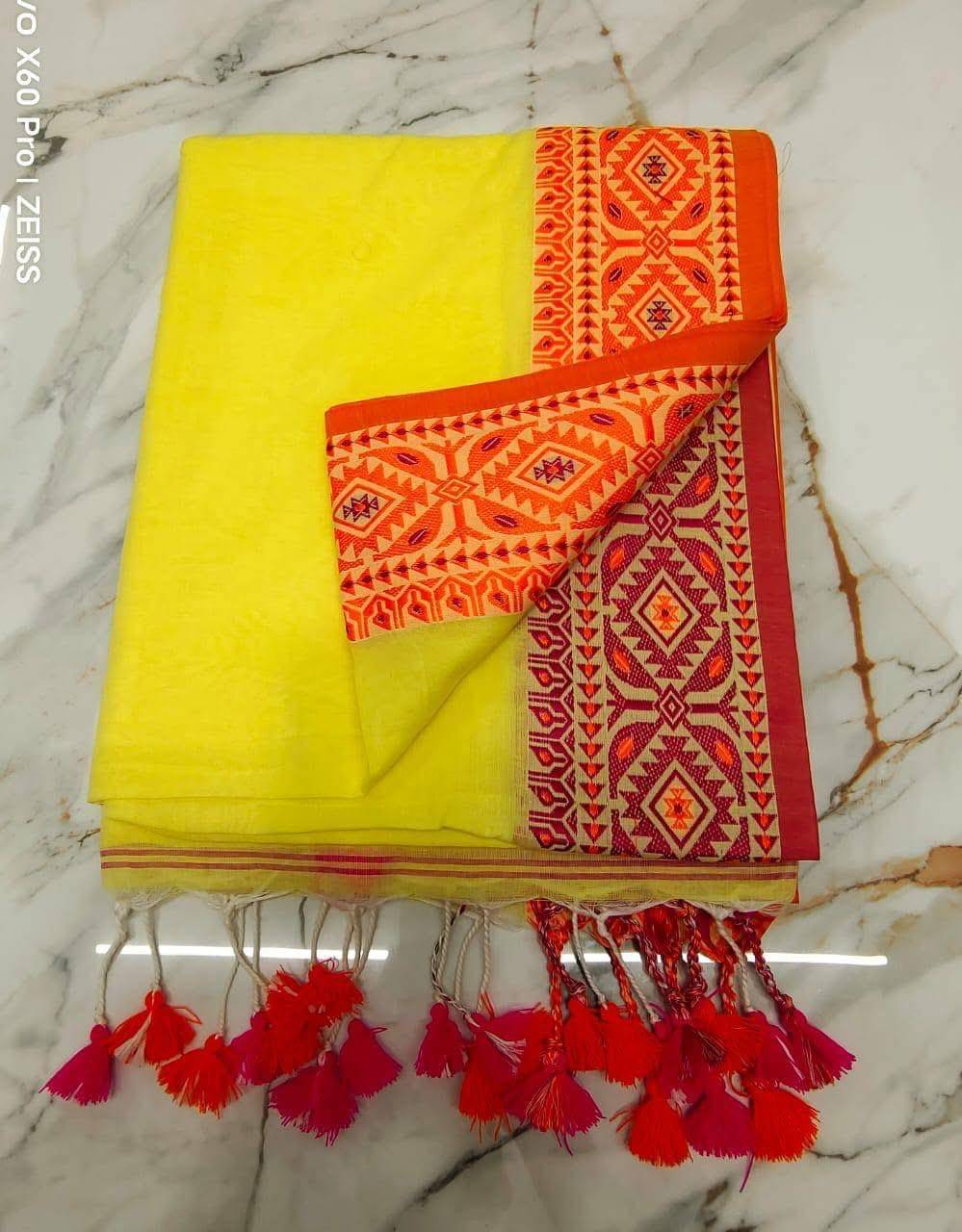     			SARADA HANDLOOM Cotton Self Design Saree With Unstitched Blouse Piece ( Yellow1 )