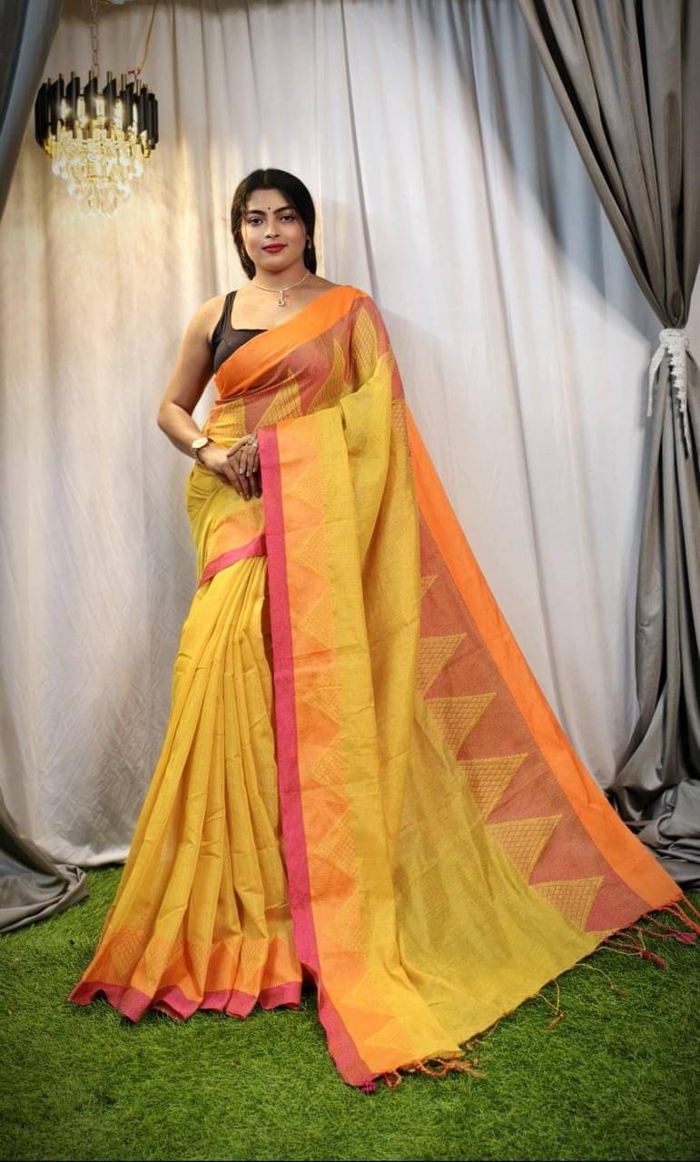     			SARADA HANDLOOM Cotton Self Design Saree With Unstitched Blouse Piece ( Yellow )